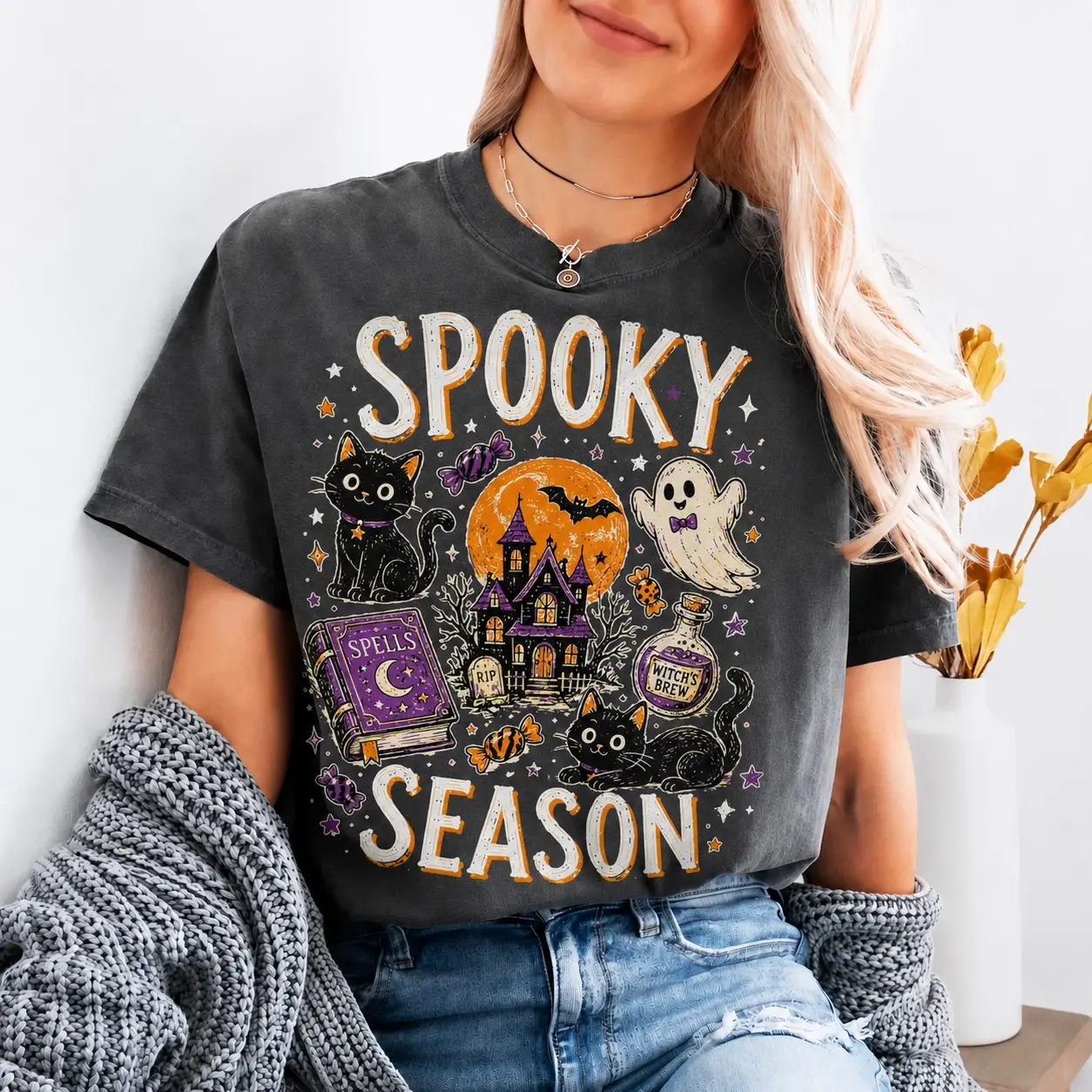 Comfort Colors Spooky Season T-Shirt, Cute Black Cat Halloween Collage Funny Tee, Witchy Cat Lover Gift