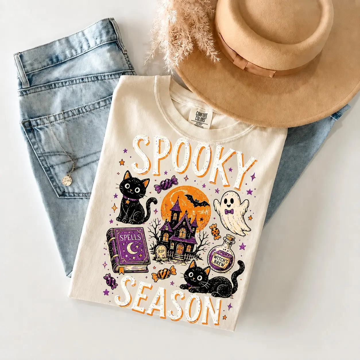Comfort Colors Spooky Season T-Shirt, Cute Black Cat Halloween Collage Funny Tee, Witchy Cat Lover Gift - photo 2