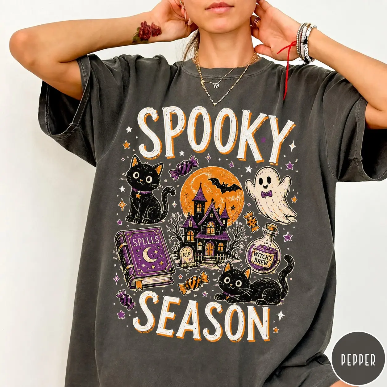 Comfort Colors Spooky Season T-Shirt, Cute Black Cat Halloween Collage Funny Tee, Witchy Cat Lover Gift - photo 3