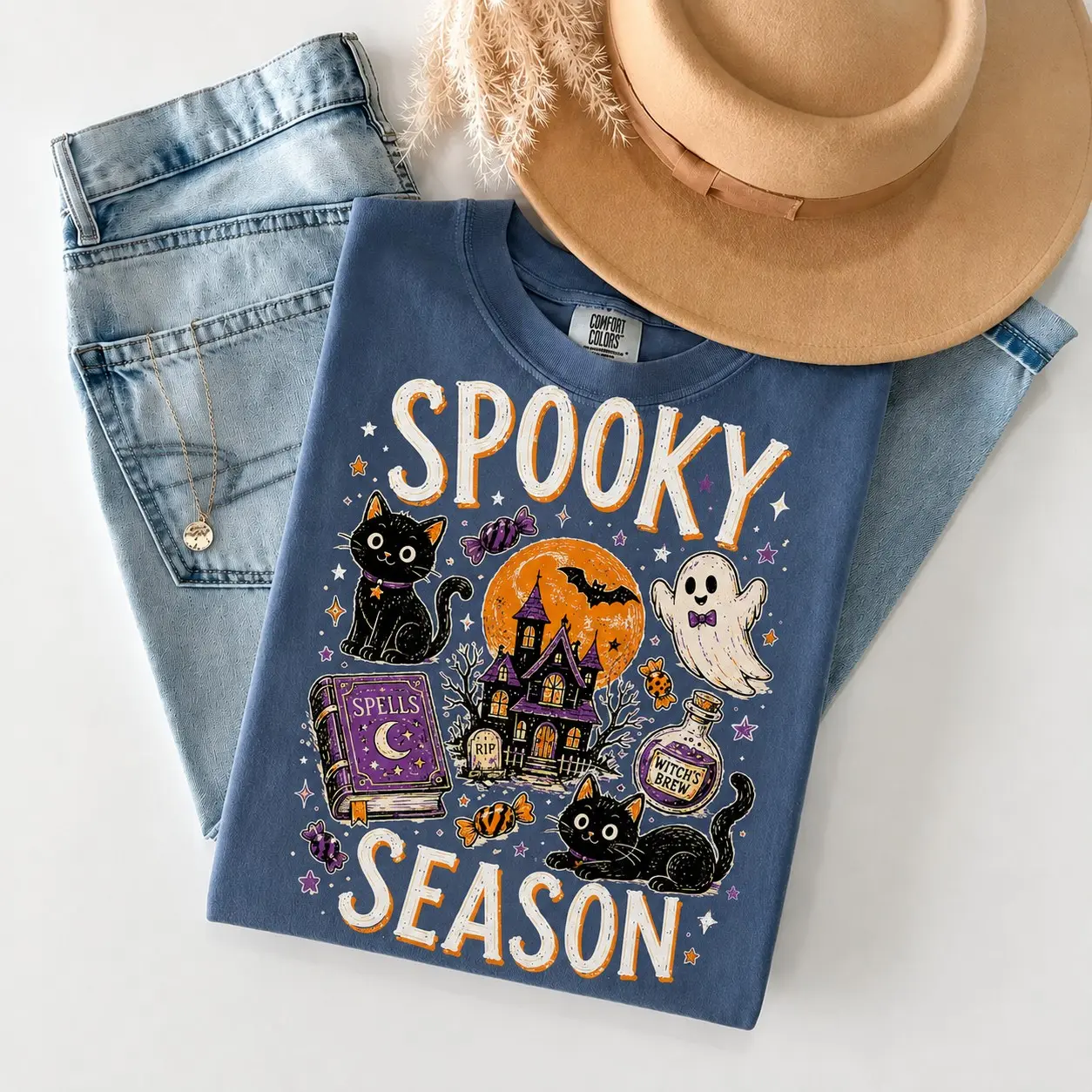 Comfort Colors Spooky Season T-Shirt, Cute Black Cat Halloween Collage Funny Tee, Witchy Cat Lover Gift - photo 4