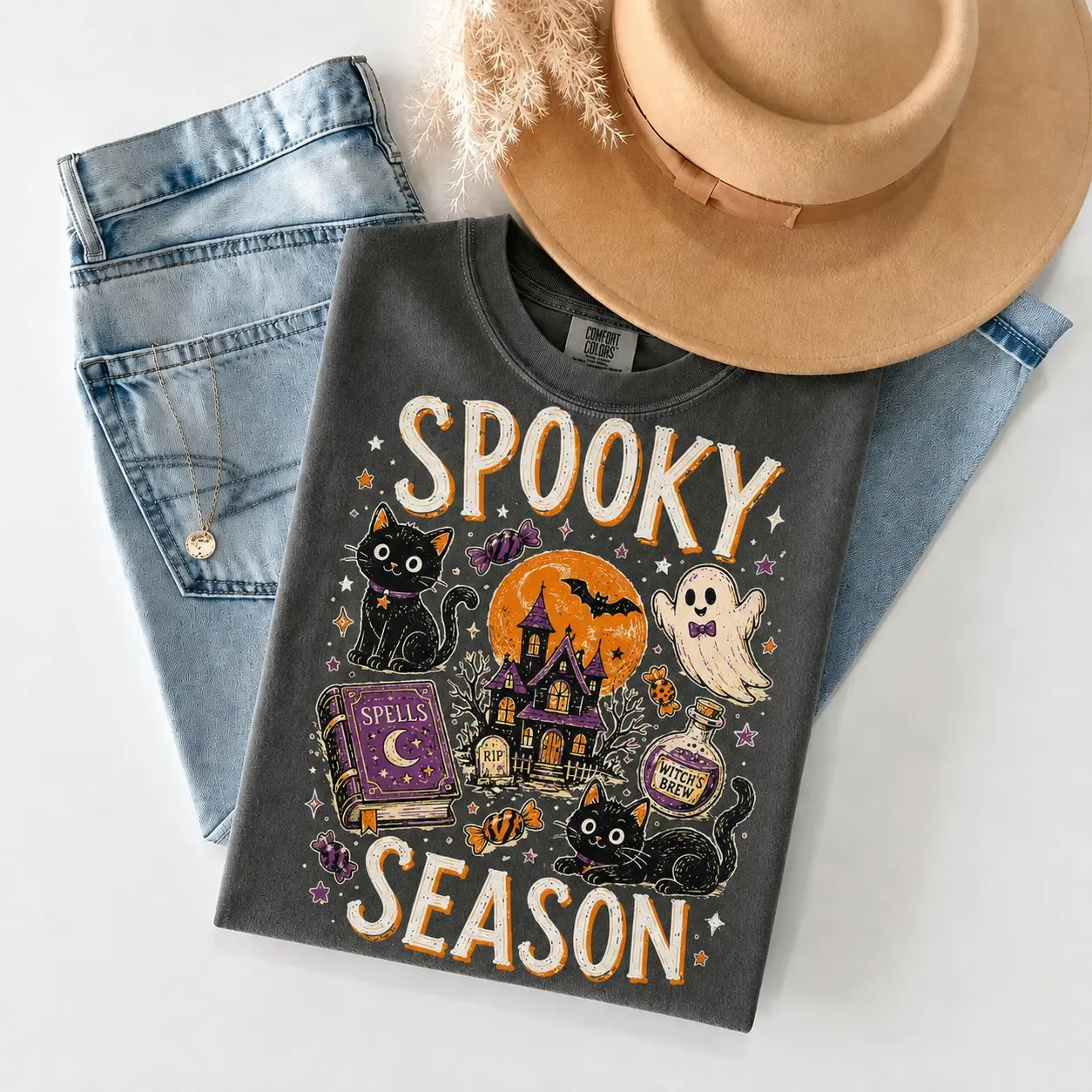Comfort Colors Spooky Season T-Shirt, Cute Black Cat Halloween Collage Funny Tee, Witchy Cat Lover Gift - photo 5