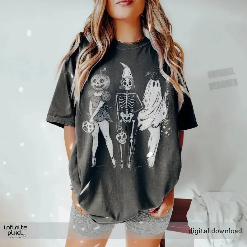 Spooky Season Comfort Colors Tee, Retro Halloween Ghost and Pumpkin Shirt, Witchy Aesthetic Fall Graphic Top for Women