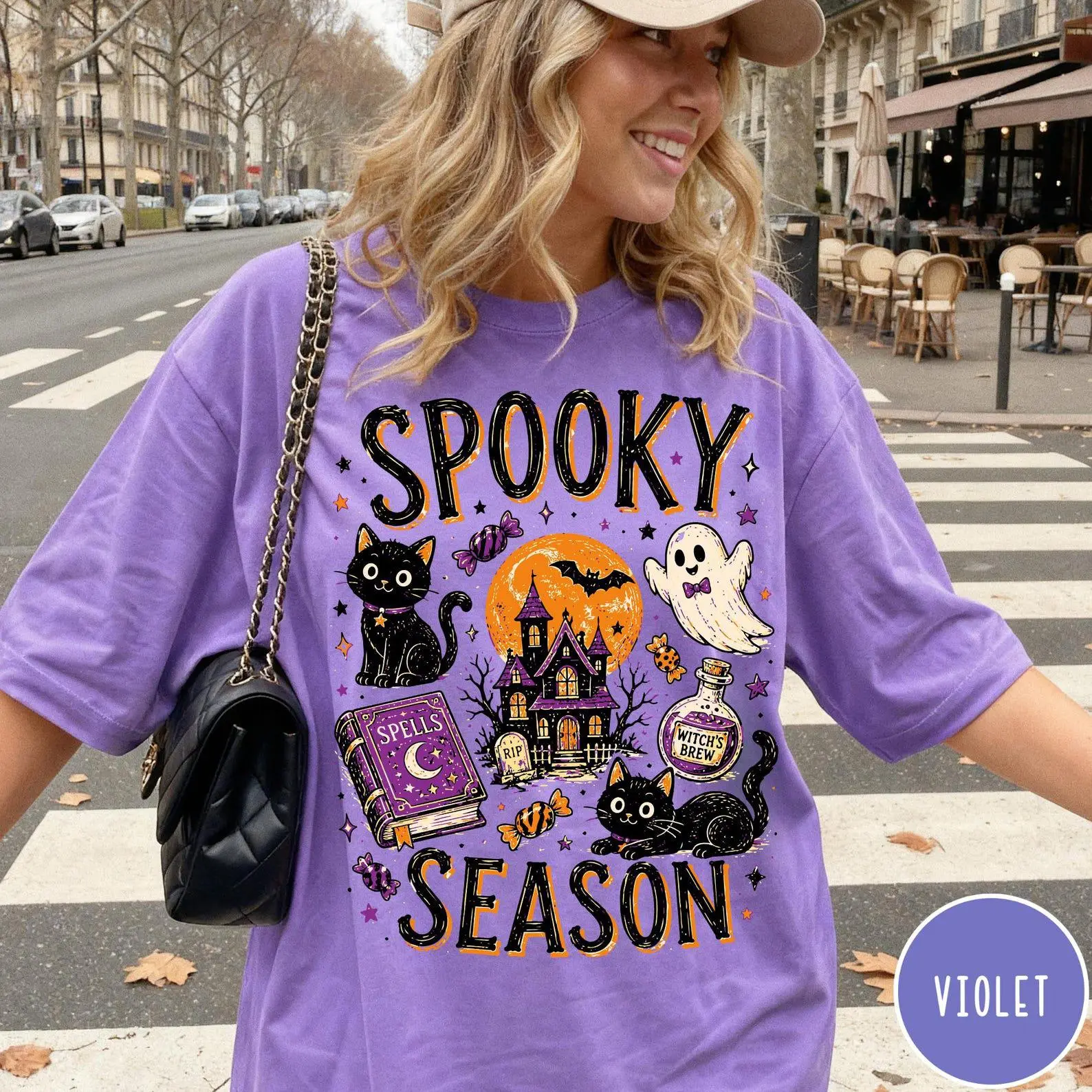 Spooky Season Cute Black Cat Comfort Colors Halloween Shirt, Funny Collage Witchy Graphic Tee for Pet Lover Gift