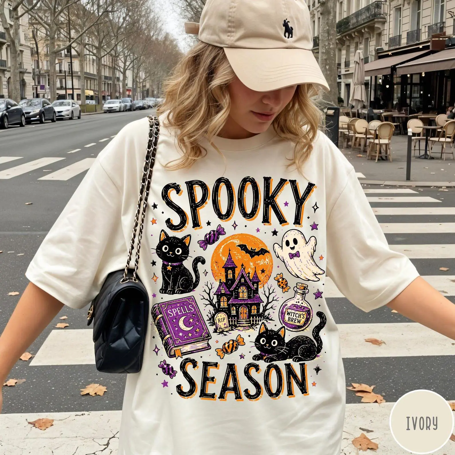 Spooky Season Cute Black Cat Comfort Colors Halloween Shirt, Funny Collage Witchy Graphic Tee for Pet Lover Gift - photo 2