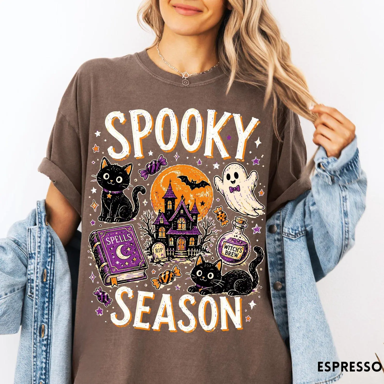 Spooky Season Cute Black Cat Comfort Colors Halloween Shirt, Funny Collage Witchy Graphic Tee for Pet Lover Gift - photo 3