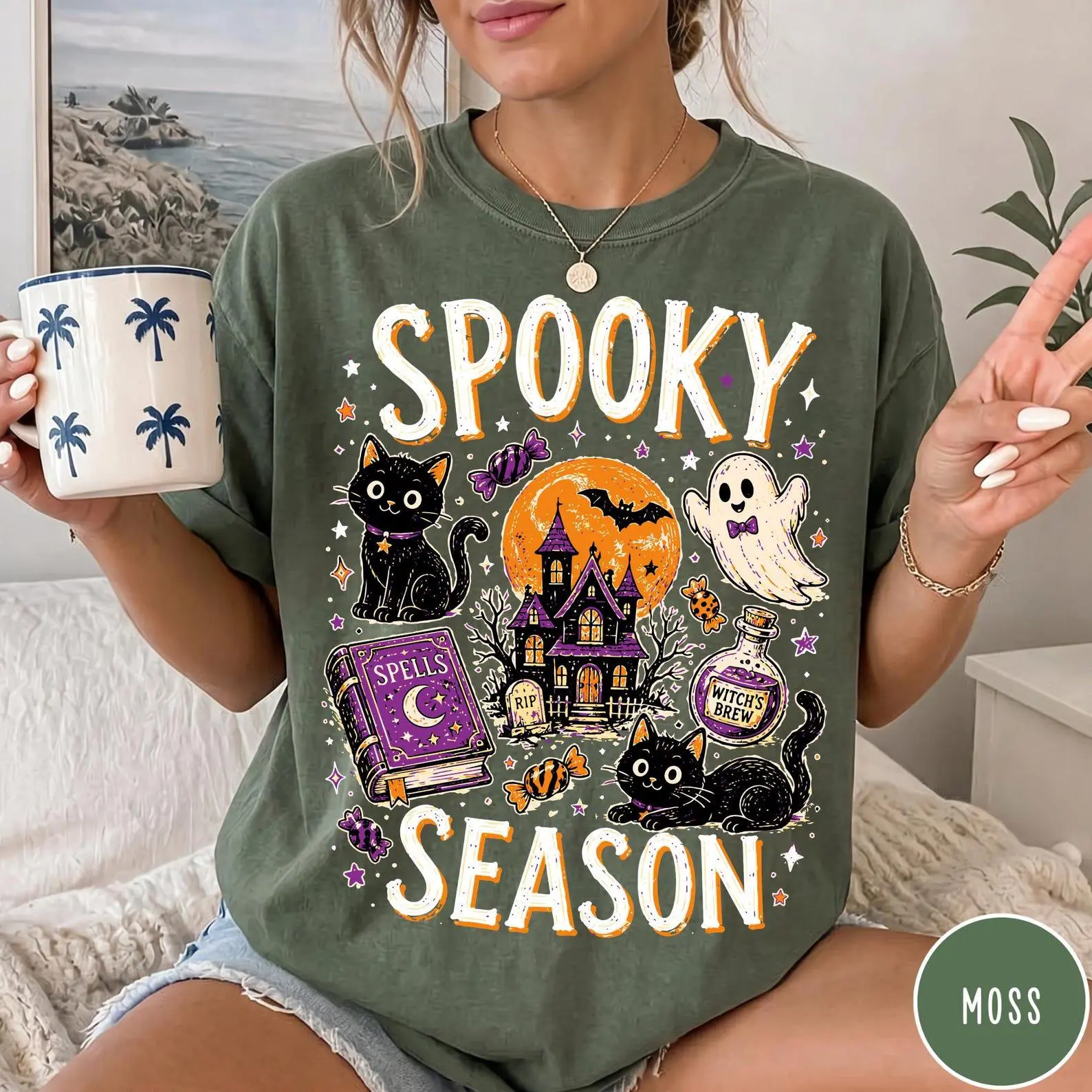 Spooky Season Cute Black Cat Comfort Colors Halloween Shirt, Funny Collage Witchy Graphic Tee for Pet Lover Gift - photo 4