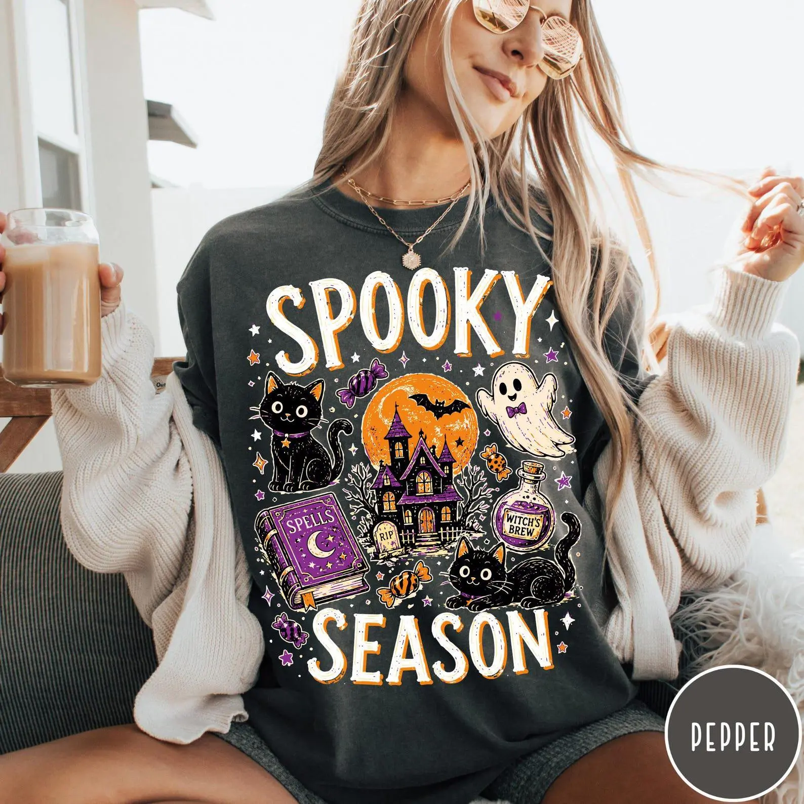 Spooky Season Cute Black Cat Comfort Colors Halloween Shirt, Funny Collage Witchy Graphic Tee for Pet Lover Gift - photo 5