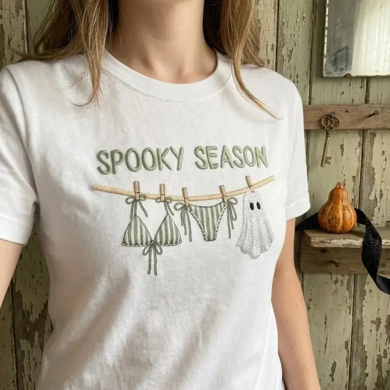 Embroidered Spooky Season Halloween Sweatshirt, Cute Ghost Pumpkin Cozy Fall Crewneck Hoodie for Women - photo 1