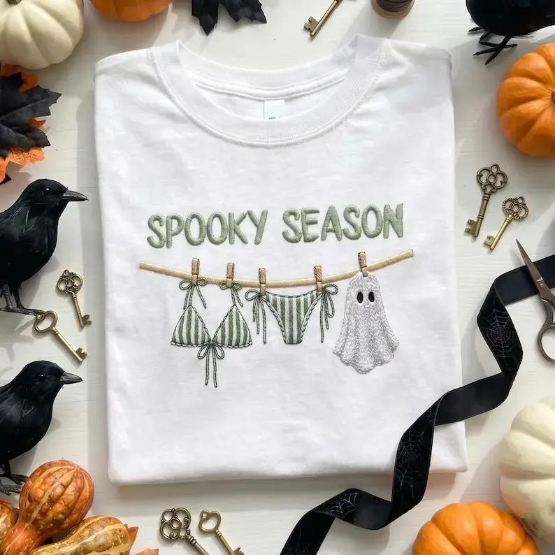 Embroidered Spooky Season Halloween Sweatshirt, Cute Ghost Pumpkin Cozy Fall Crewneck Hoodie for Women - photo 2