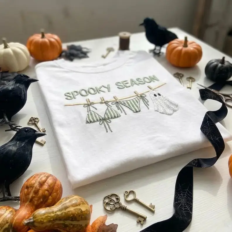 Embroidered Spooky Season Halloween Sweatshirt, Cute Ghost Pumpkin Cozy Fall Crewneck Hoodie for Women - photo 3
