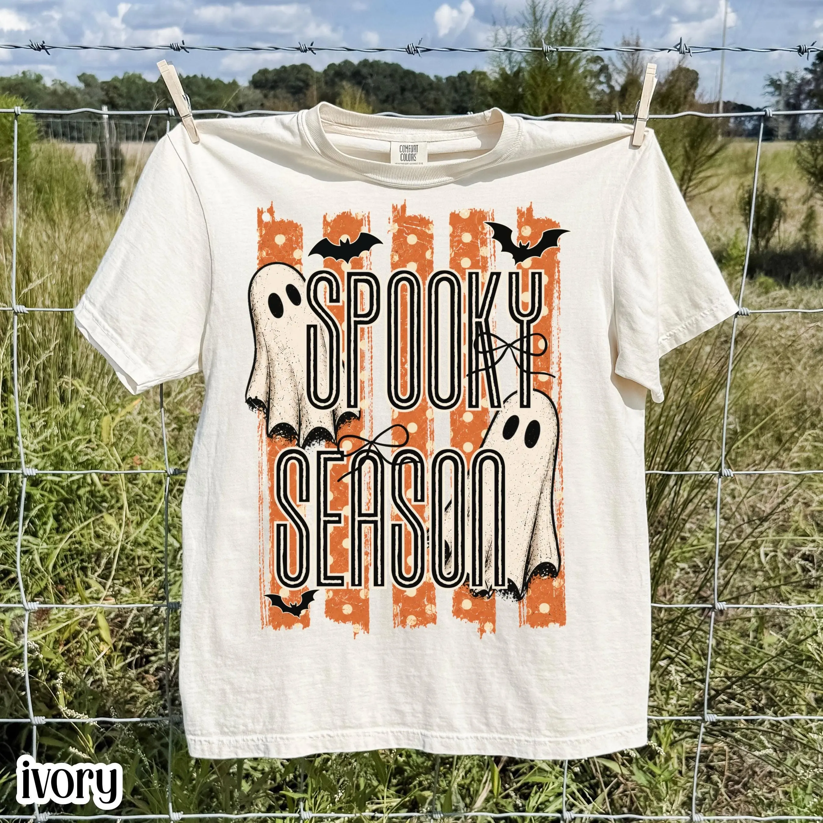 Spooky Season Ghost Halloween Comfort Colors Shirt, Trendy Coquette Retro Preppy Stripe Boo Fall Autumn Tee