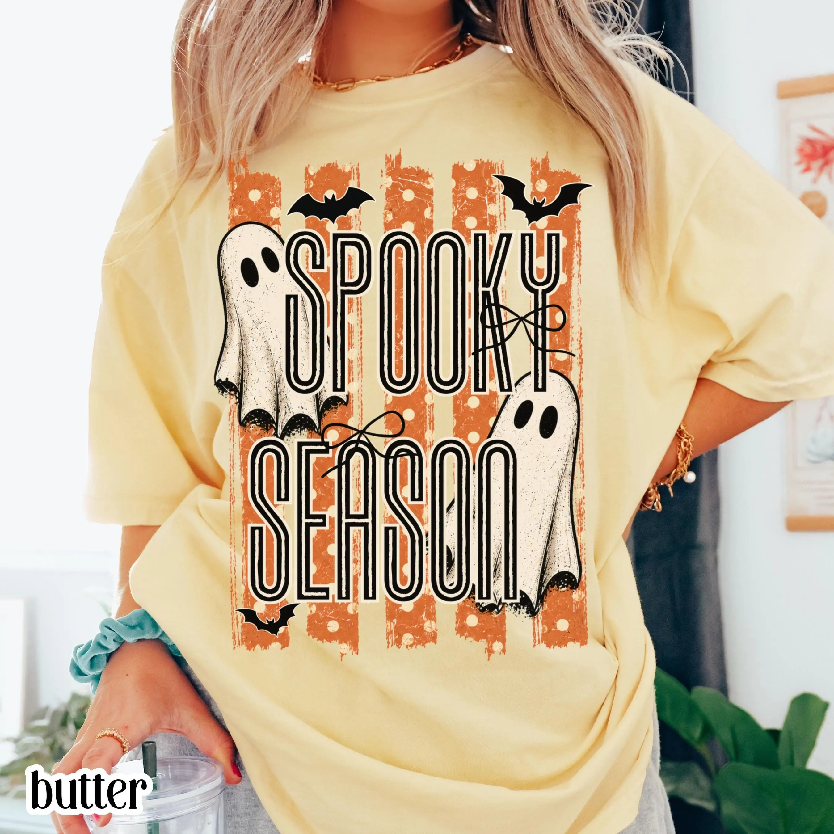 Spooky Season Ghost Halloween Comfort Colors Shirt, Trendy Coquette Retro Preppy Stripe Boo Fall Autumn Tee - photo 3