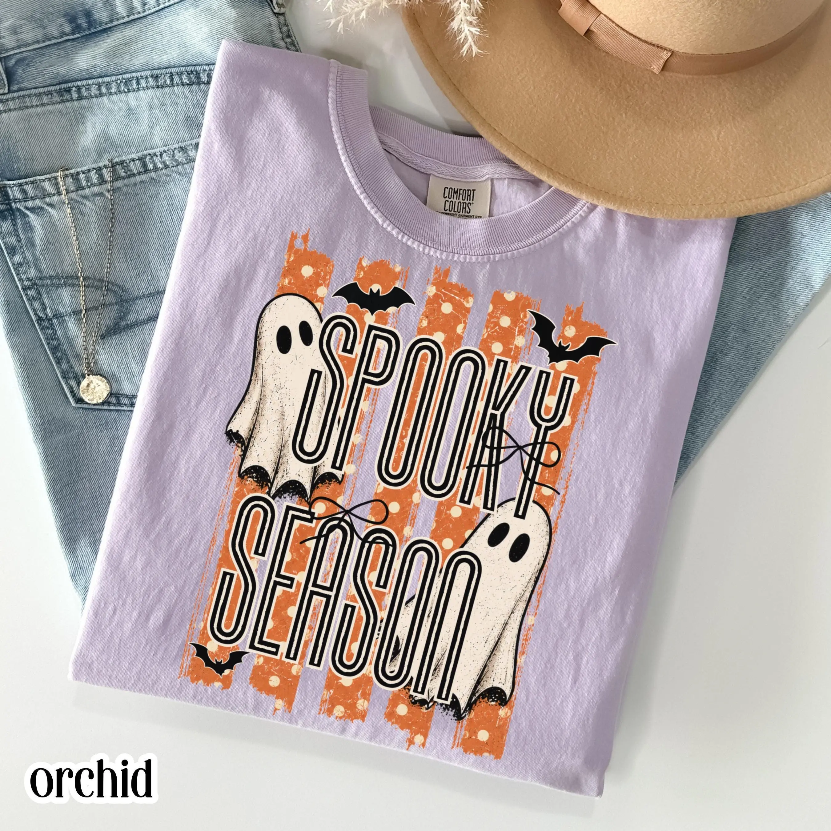 Spooky Season Ghost Halloween Comfort Colors Shirt, Trendy Coquette Retro Preppy Stripe Boo Fall Autumn Tee - photo 4