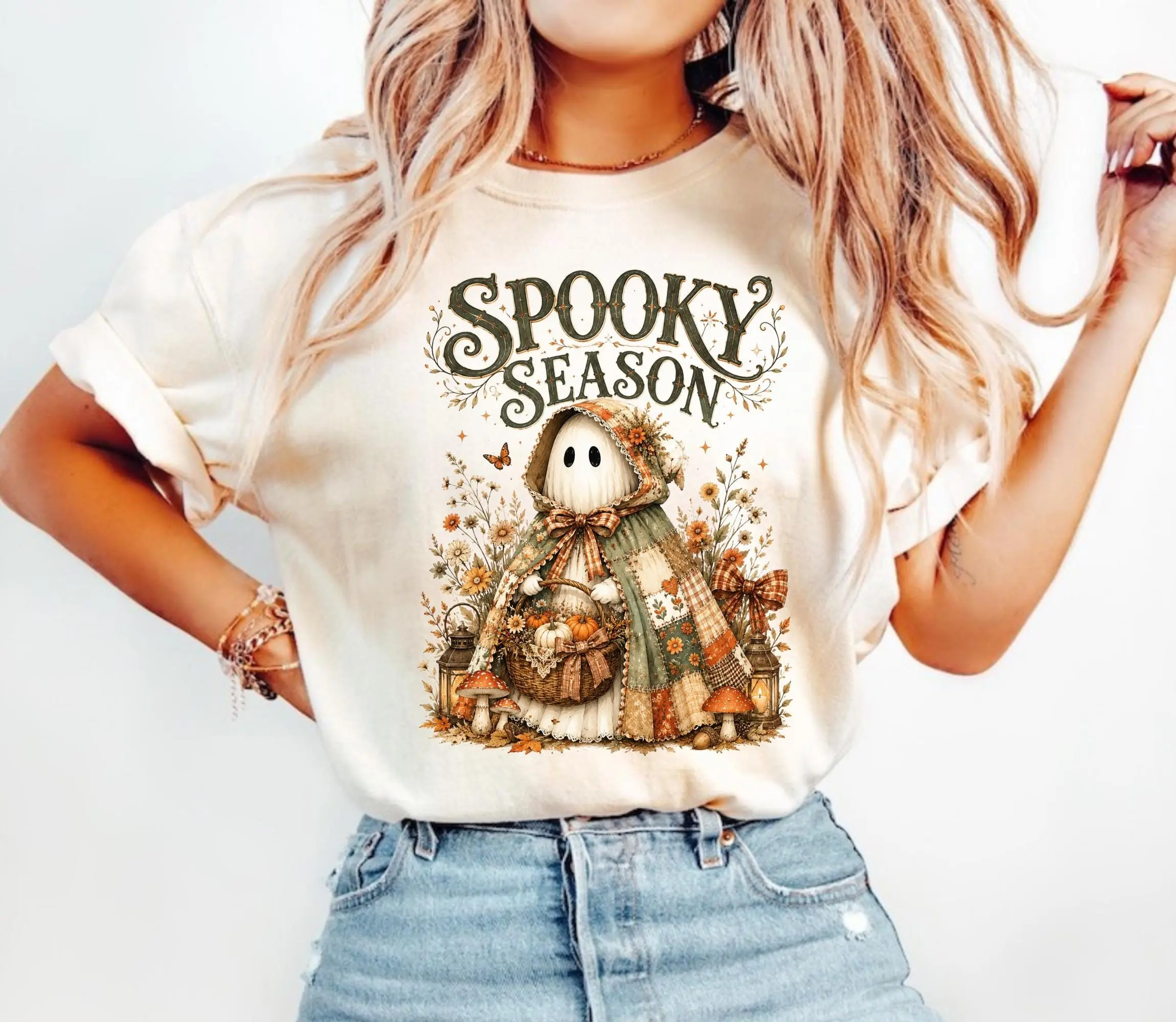 Comfort Colors Spooky Season Ghost Shirt, Cottagecore Boho Halloween Tee, Cute Fall Graphic Top