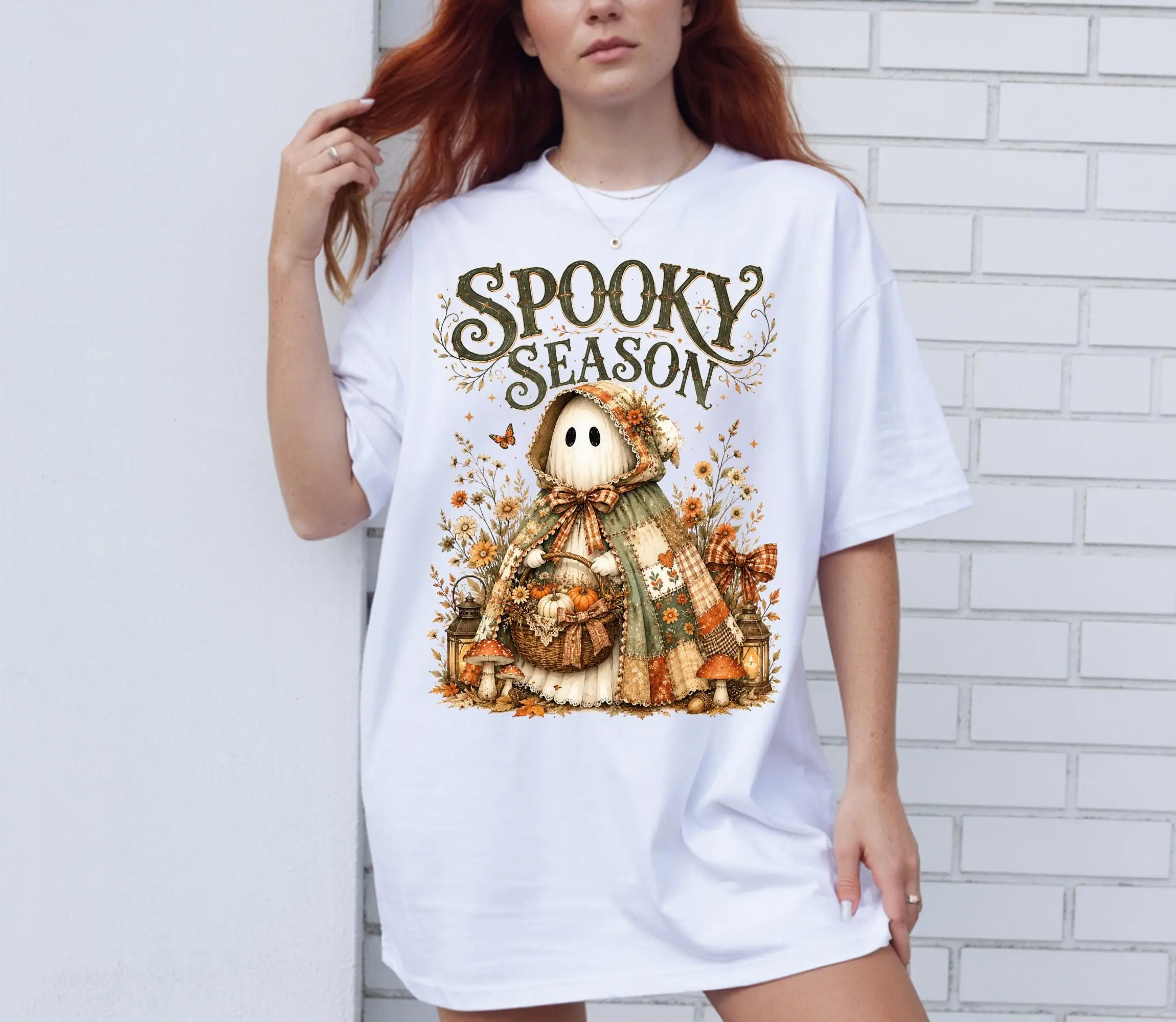 Comfort Colors Spooky Season Ghost Shirt, Cottagecore Boho Halloween Tee, Cute Fall Graphic Top - photo 2