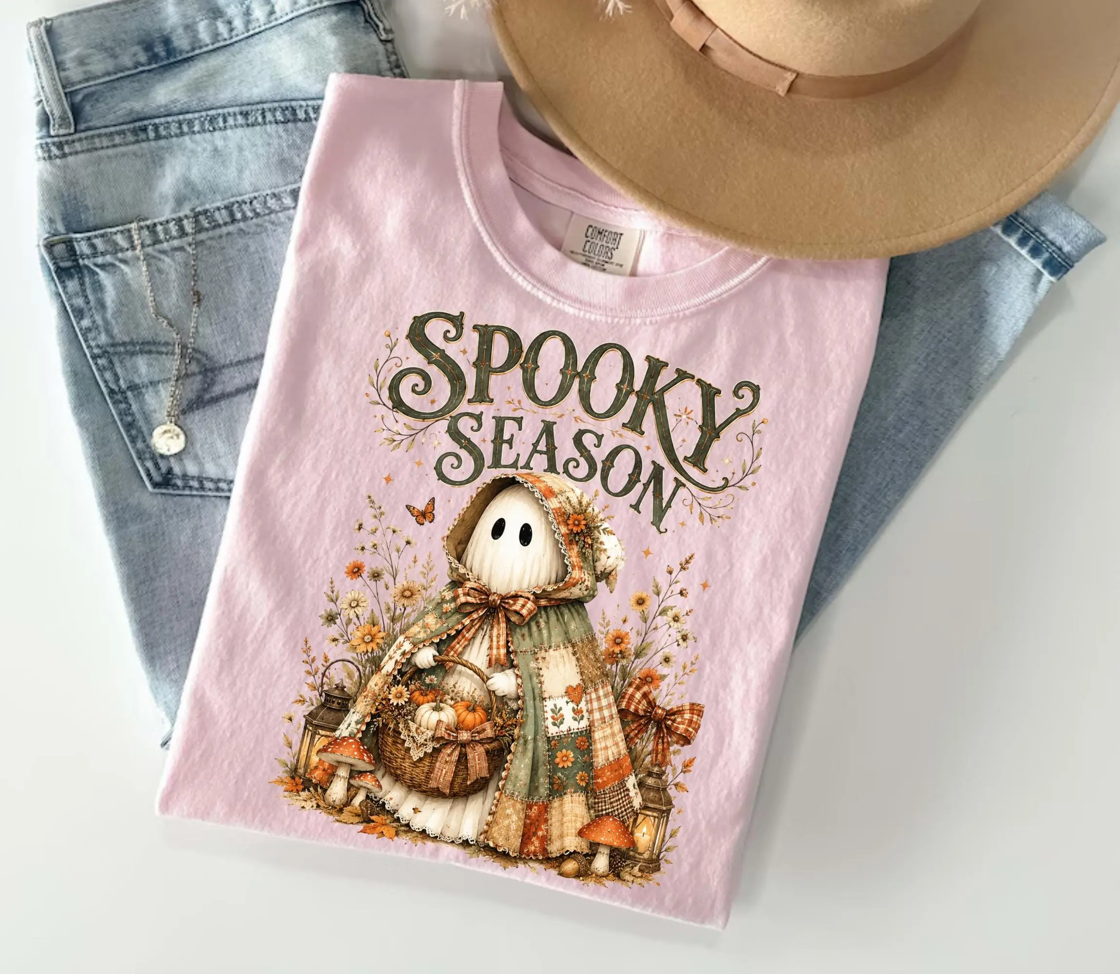 Comfort Colors Spooky Season Ghost Shirt, Cottagecore Boho Halloween Tee, Cute Fall Graphic Top - photo 3