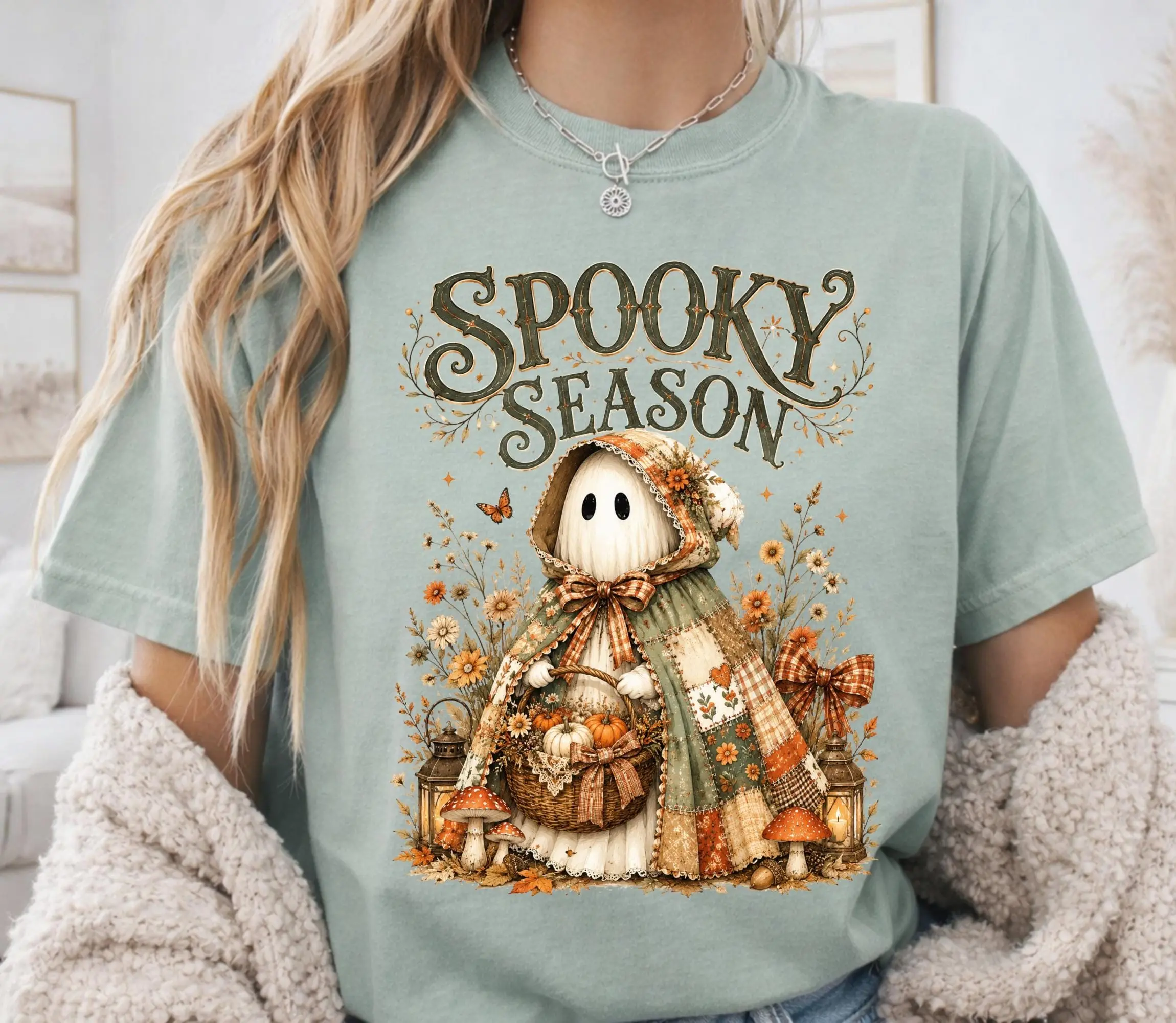 Comfort Colors Spooky Season Ghost Shirt, Cottagecore Boho Halloween Tee, Cute Fall Graphic Top - photo 4