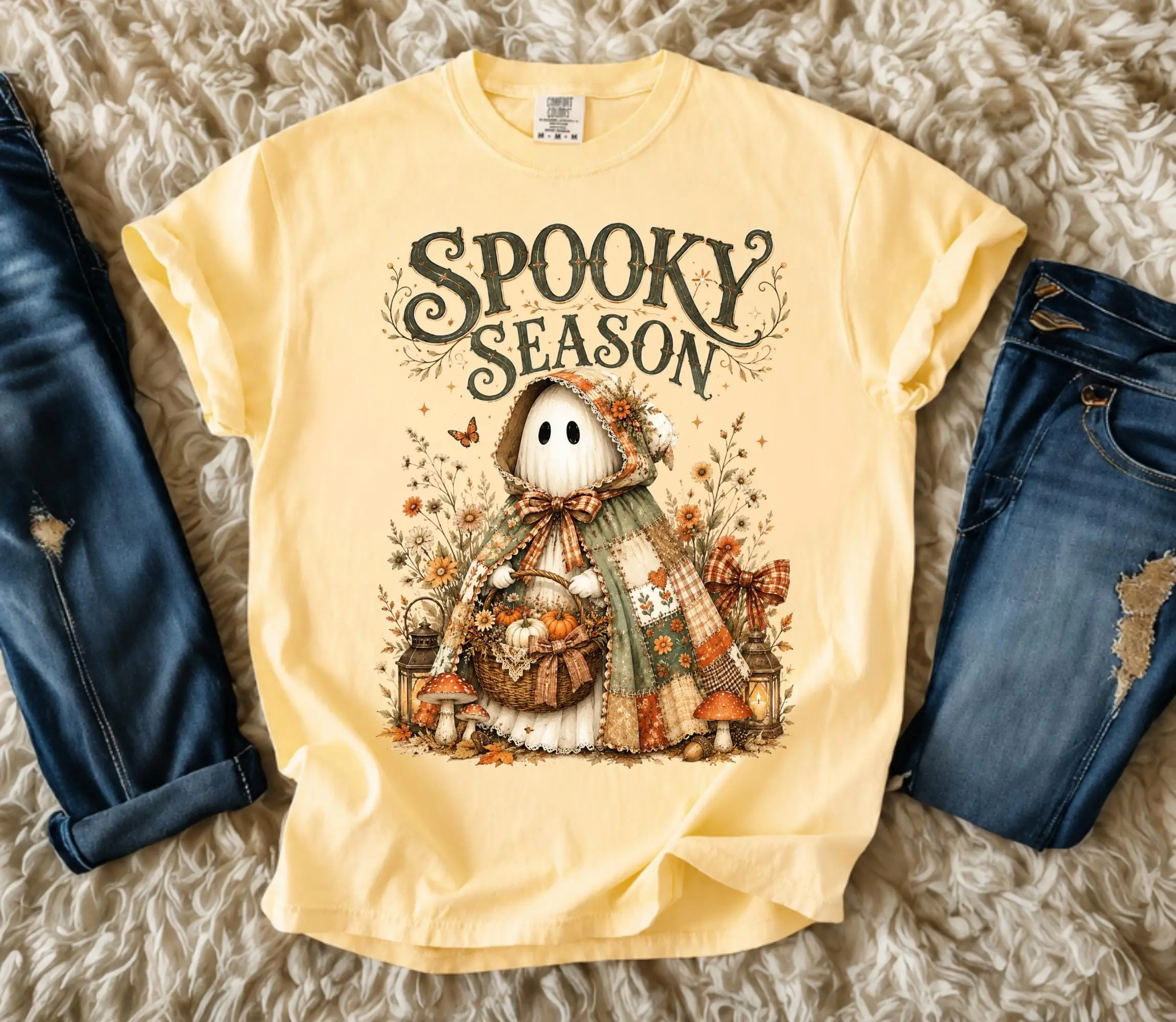 Comfort Colors Spooky Season Ghost Shirt, Cottagecore Boho Halloween Tee, Cute Fall Graphic Top - photo 5