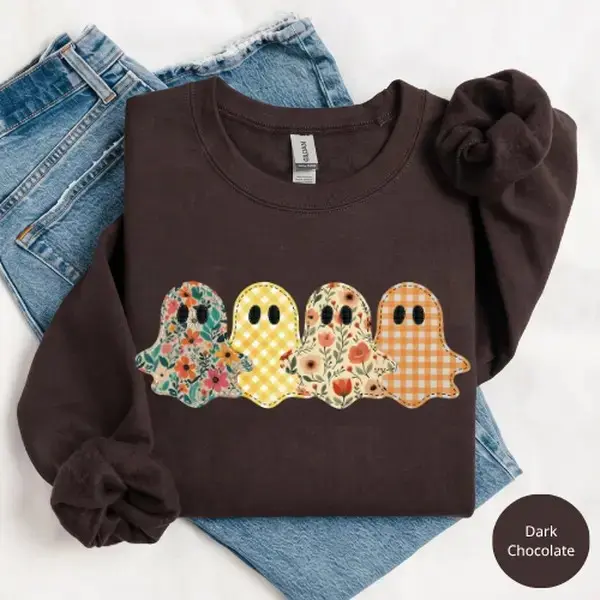 Spooky Season Ghost Sweatshirt, Vintage Floral Faux Patchwork Graphic Tee, Preppy Pumpkin Halloween Shirt - photo 1