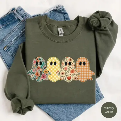Spooky Season Ghost Sweatshirt, Vintage Floral Faux Patchwork Graphic Tee, Preppy Pumpkin Halloween Shirt - photo 2