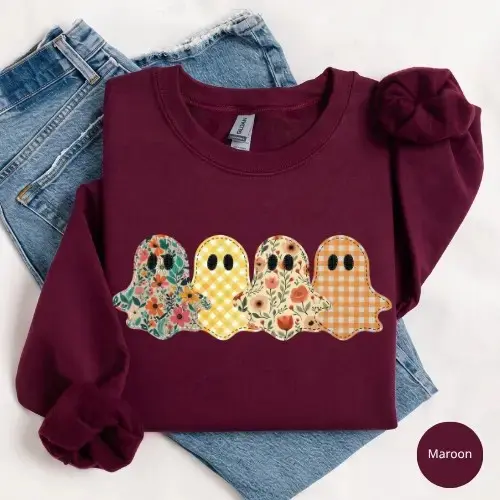 Spooky Season Ghost Sweatshirt, Vintage Floral Faux Patchwork Graphic Tee, Preppy Pumpkin Halloween Shirt - photo 3