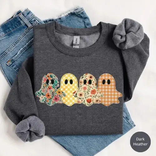 Spooky Season Ghost Sweatshirt, Vintage Floral Faux Patchwork Graphic Tee, Preppy Pumpkin Halloween Shirt - photo 4
