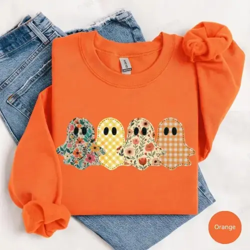Spooky Season Ghost Sweatshirt, Vintage Floral Faux Patchwork Graphic Tee, Preppy Pumpkin Halloween Shirt - photo 5