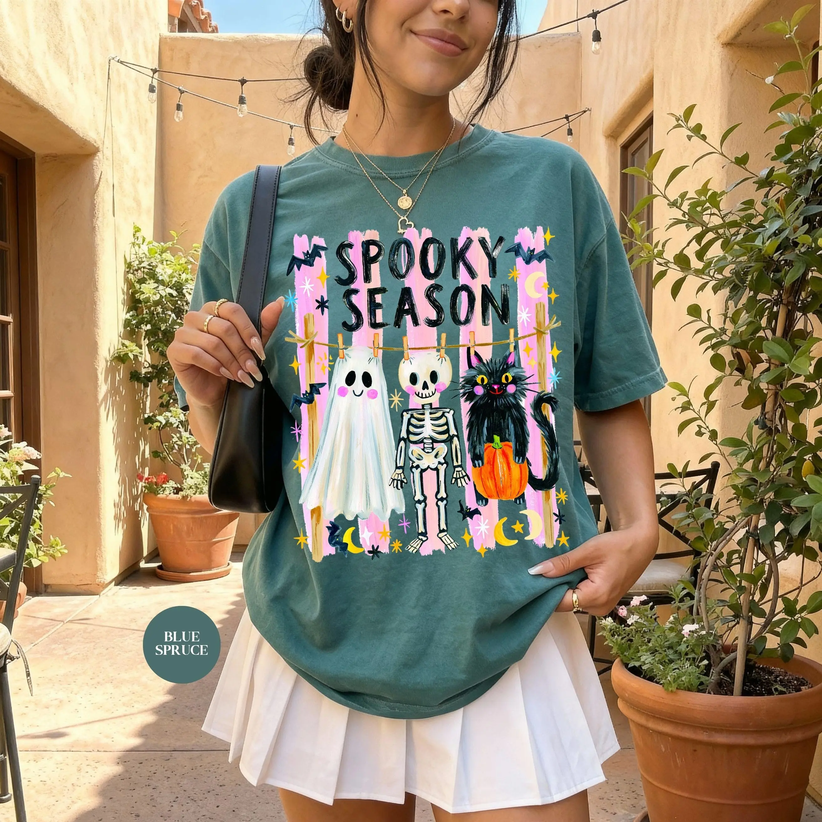 Comfort Colors Spooky Season Shirt, Funny Cute Hanging Ghost Cat Skeleton Tee, Womens Retro Y2K Halloween Top - photo 2