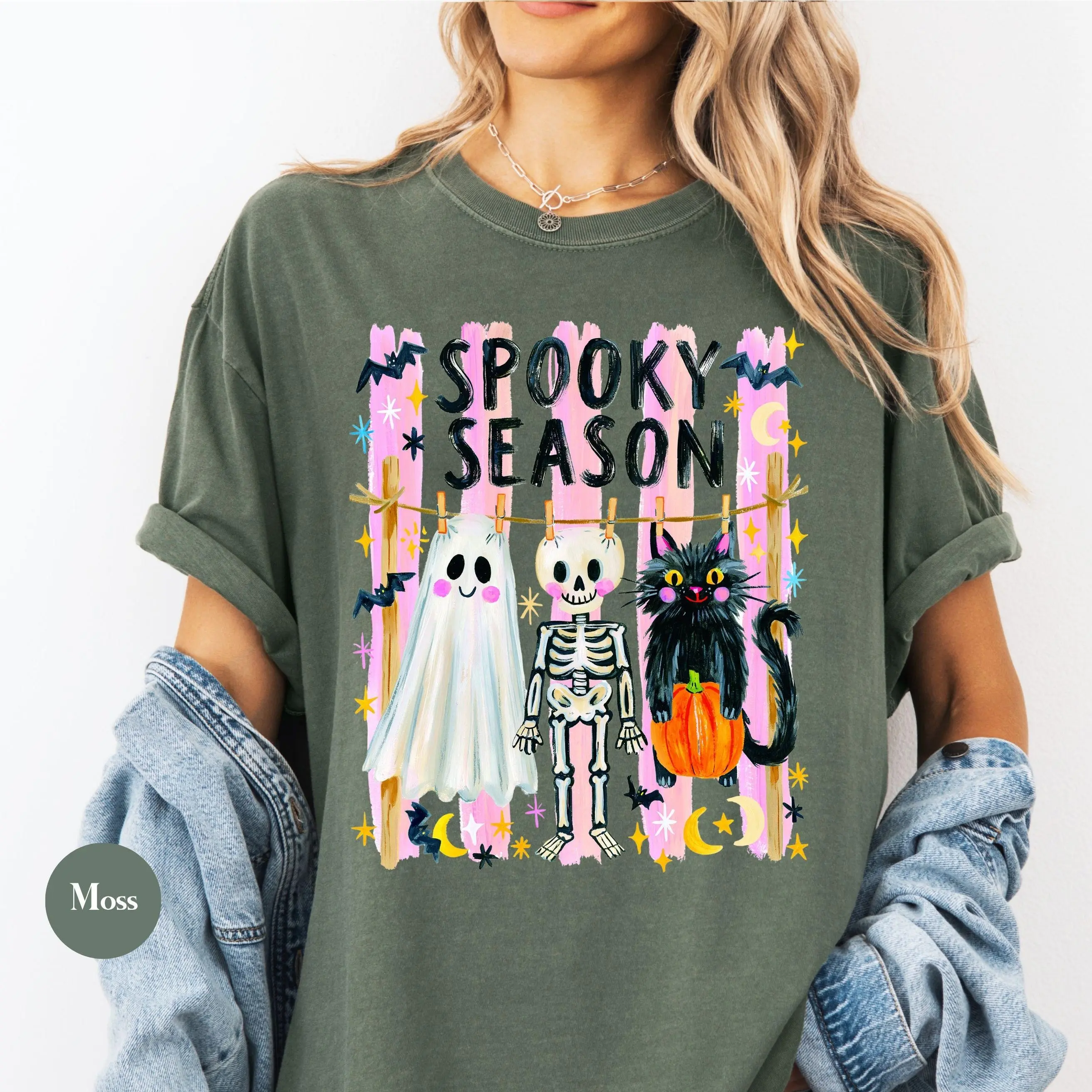 Comfort Colors Spooky Season Shirt, Funny Cute Hanging Ghost Cat Skeleton Tee, Womens Retro Y2K Halloween Top - photo 4