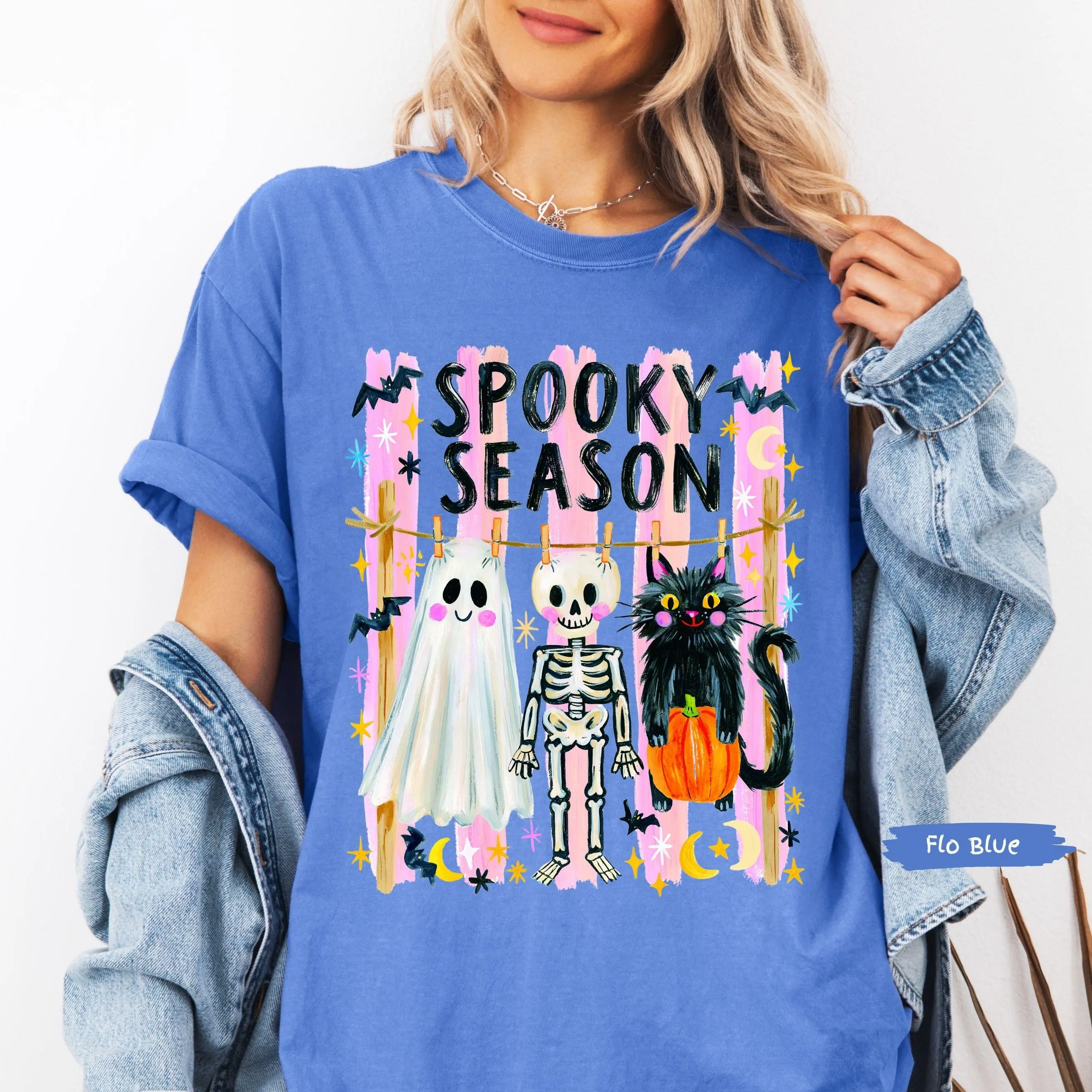 Comfort Colors Spooky Season Shirt, Funny Cute Hanging Ghost Cat Skeleton Tee, Womens Retro Y2K Halloween Top - photo 5