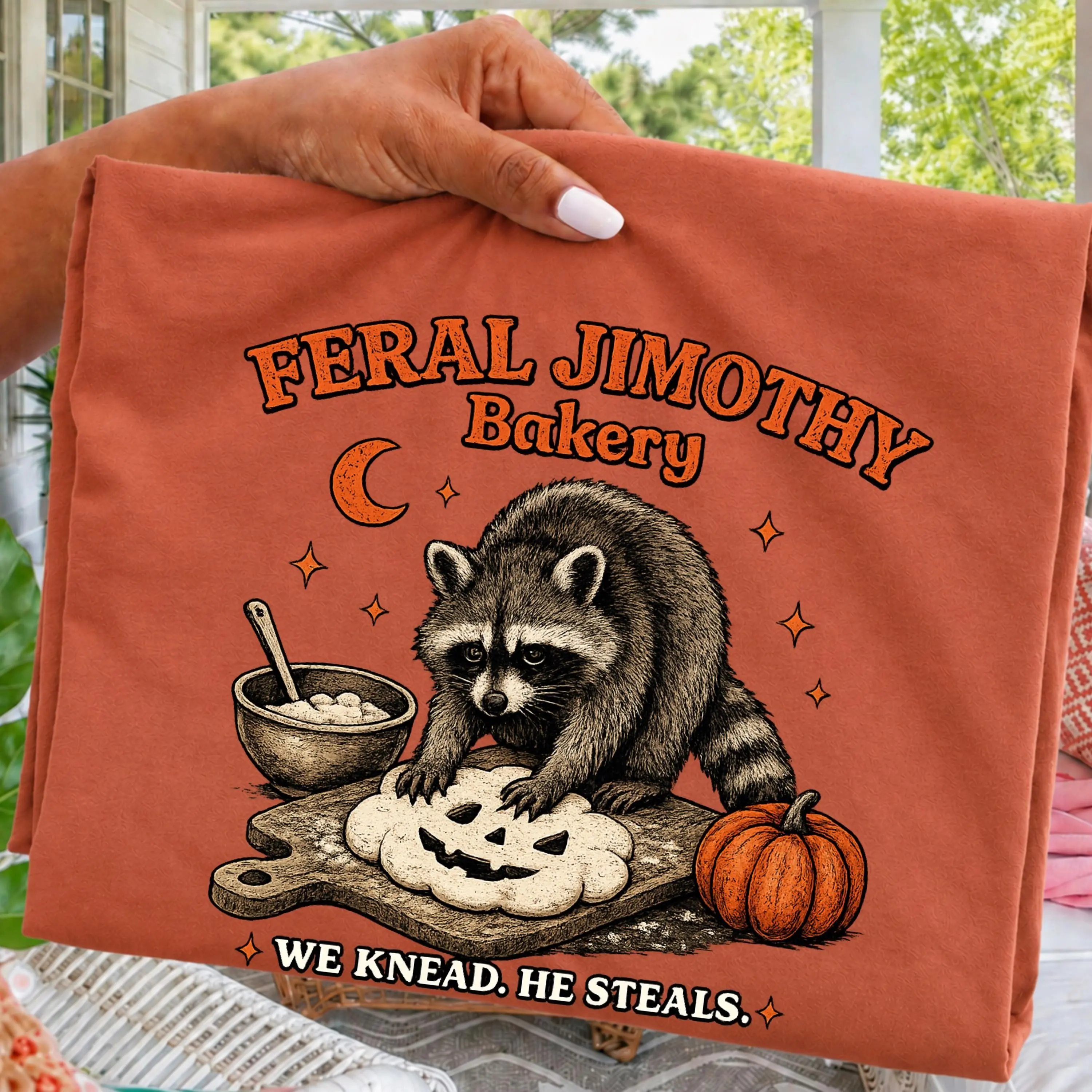Comfort Colors Feral Jimothy Bakery Raccoon Shirt, Funny Pumpkin Baking Halloween Spooky Season Fall Tee Gift