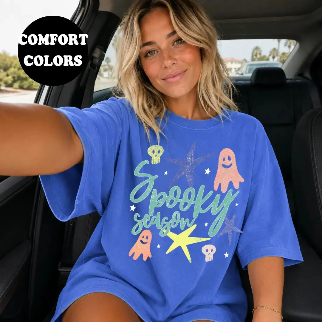 Comfort Colors Spooky Season Star Ghost Shirt, Trendy Oversized Fall Summer Halloween Graphic Tee for Women - photo 3