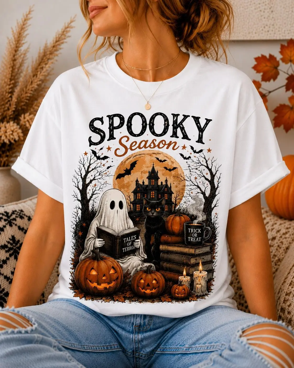 Spooky Season Shirt, Cute Ghost Reading Book Graphic Tee, Black Cat Pumpkin Vintage Halloween Fall Top for Women