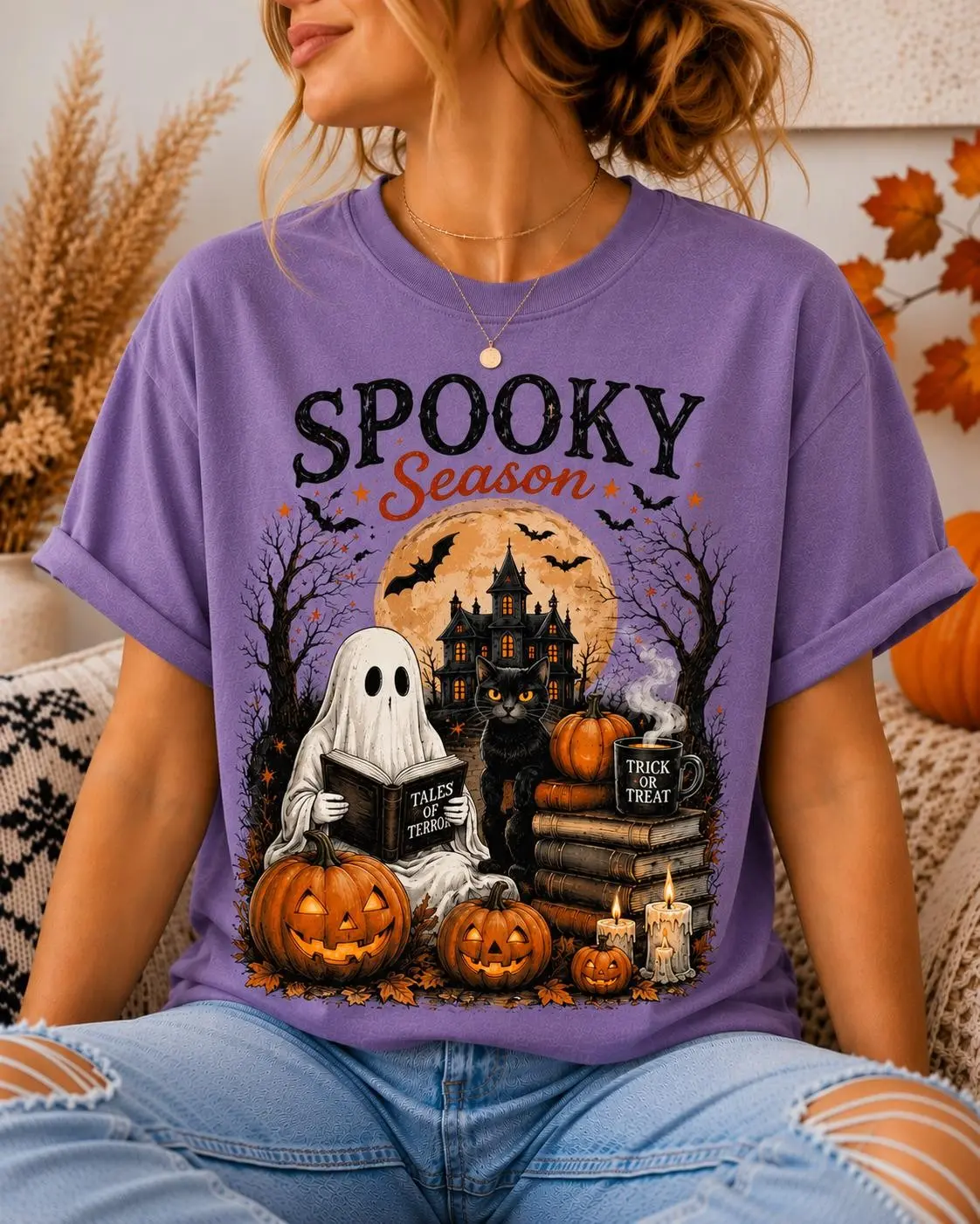 Spooky Season Shirt, Cute Ghost Reading Book Graphic Tee, Black Cat Pumpkin Vintage Halloween Fall Top for Women - photo 2
