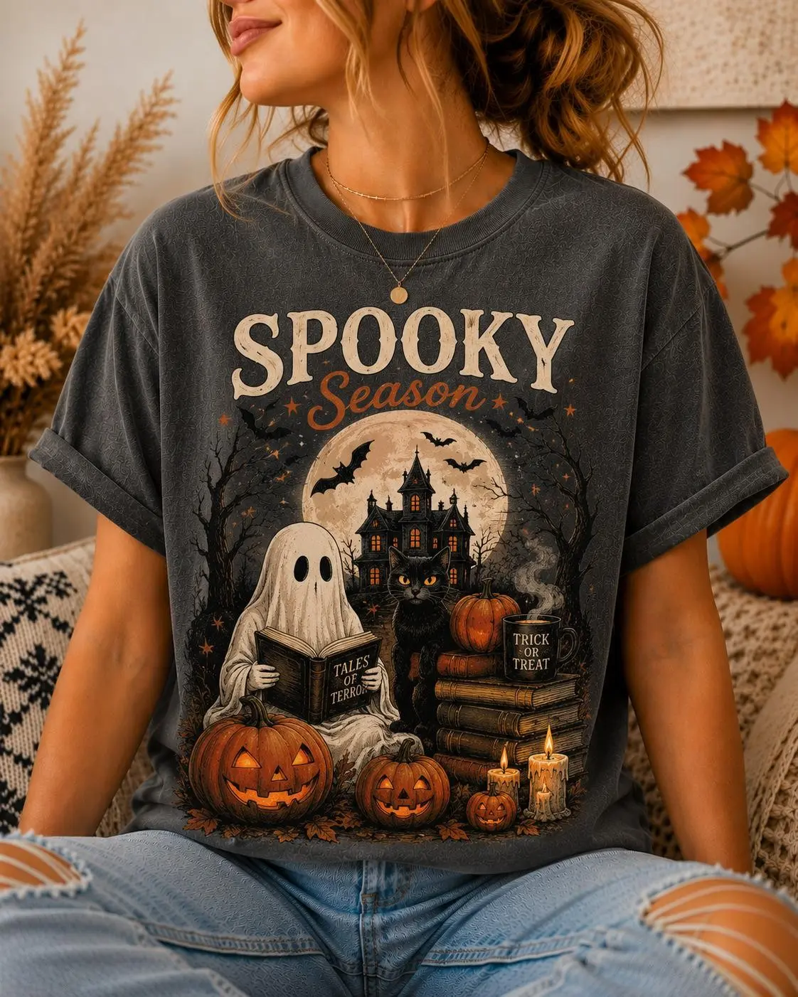 Spooky Season Shirt, Cute Ghost Reading Book Graphic Tee, Black Cat Pumpkin Vintage Halloween Fall Top for Women - photo 4