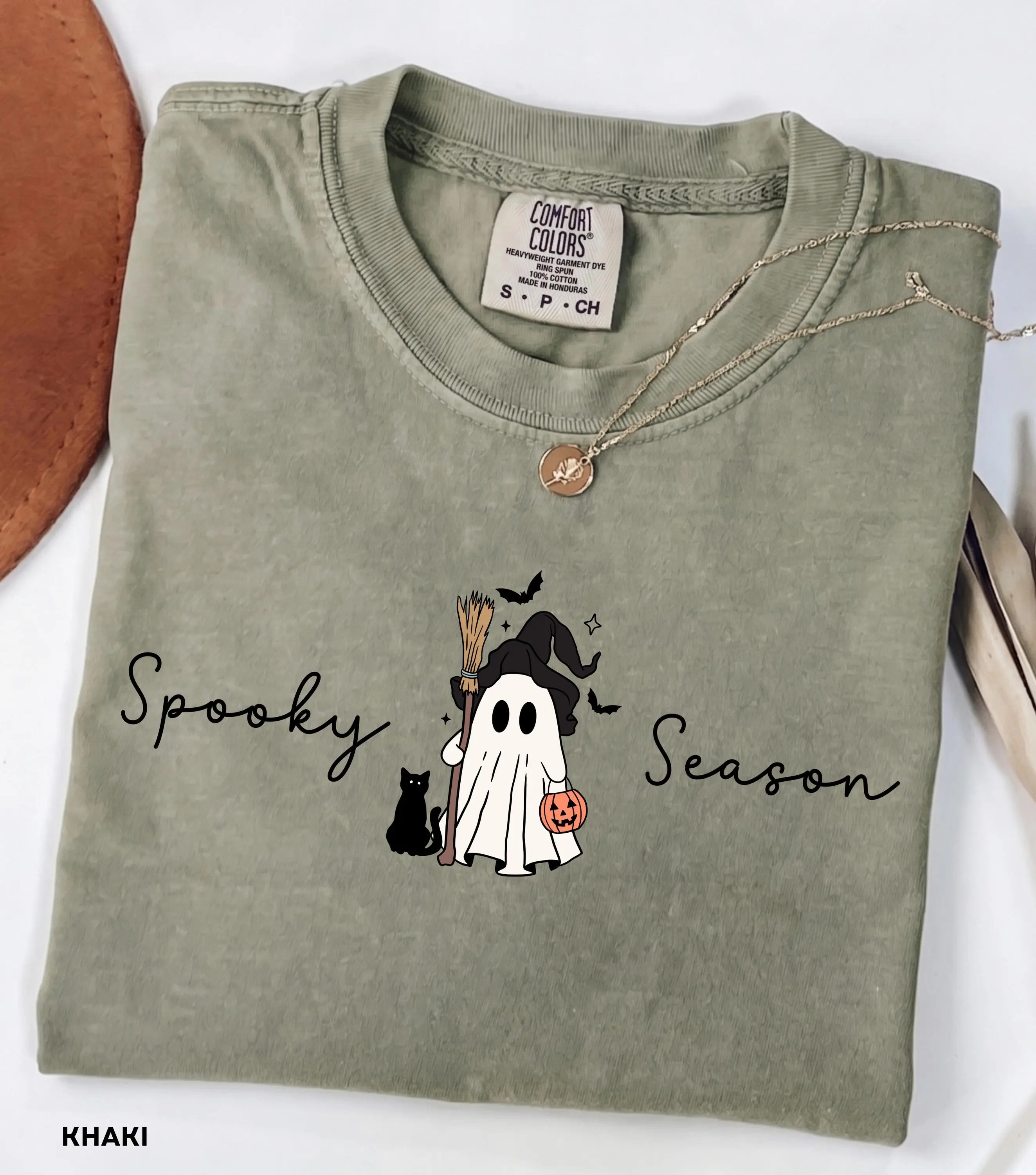 Comfort Colors Spooky Season Shirt for Women, Cute Ghost Black Cat Halloween Tee, Fall Graphic Womens Top