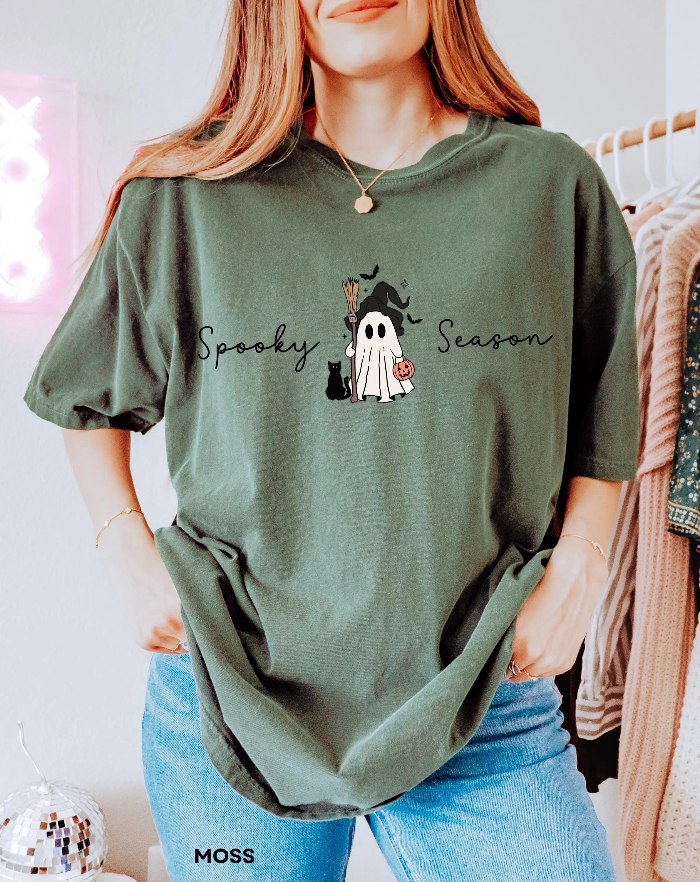 Comfort Colors Spooky Season Shirt for Women, Cute Ghost Black Cat Halloween Tee, Fall Graphic Womens Top - photo 2