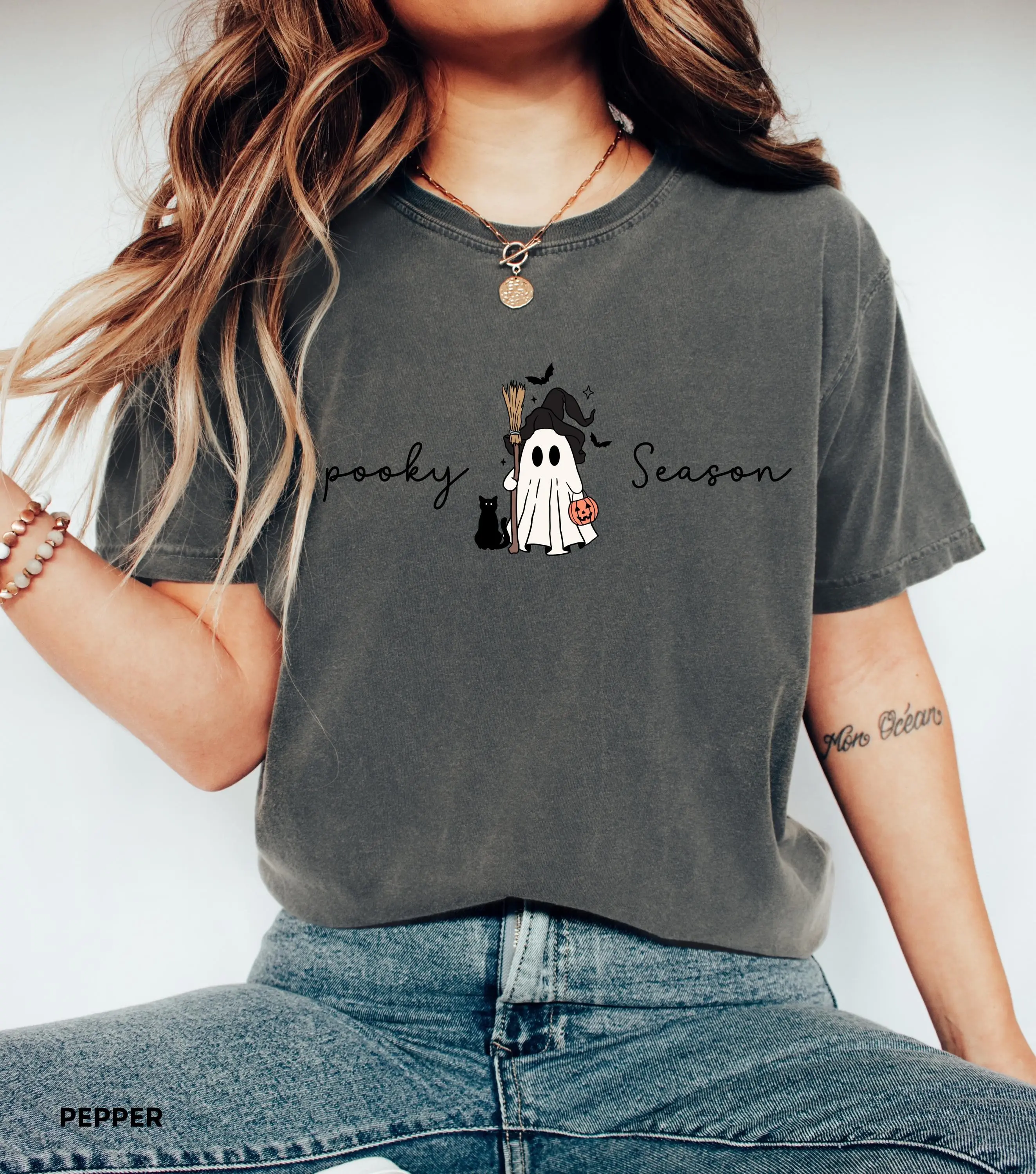Comfort Colors Spooky Season Shirt for Women, Cute Ghost Black Cat Halloween Tee, Fall Graphic Womens Top - photo 3