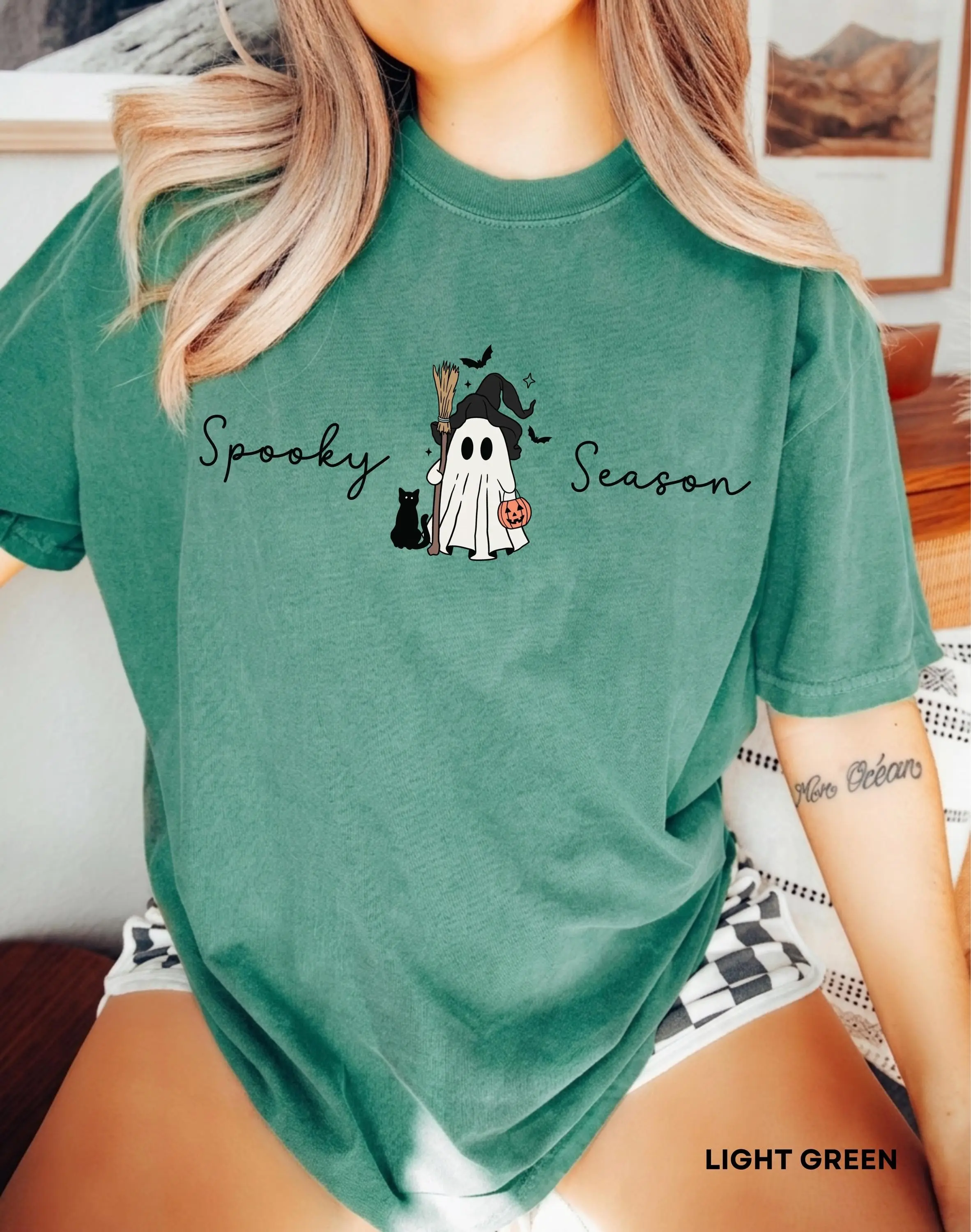 Comfort Colors Spooky Season Shirt for Women, Cute Ghost Black Cat Halloween Tee, Fall Graphic Womens Top - photo 5
