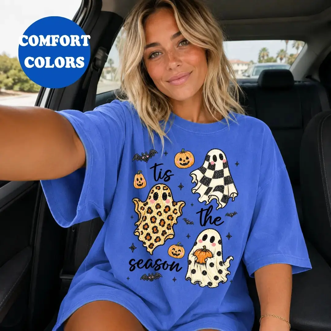 Comfort Colors Tis the Season Checkered Leopard Ghost Shirt, Spooky Oversized Trendy Fall Halloween Tee - photo 3