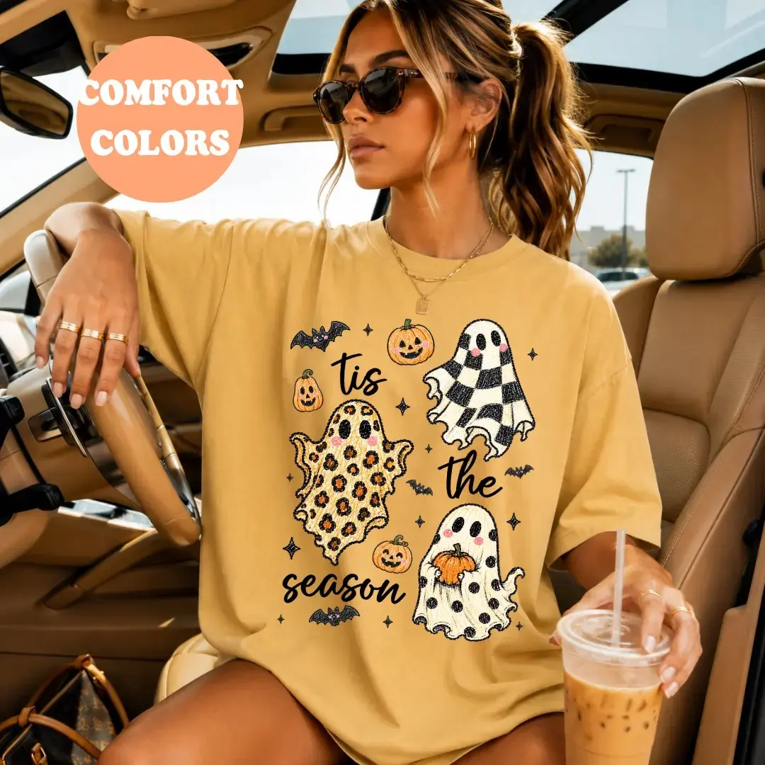 Comfort Colors Tis the Season Checkered Leopard Ghost Shirt, Spooky Oversized Trendy Fall Halloween Tee - photo 4