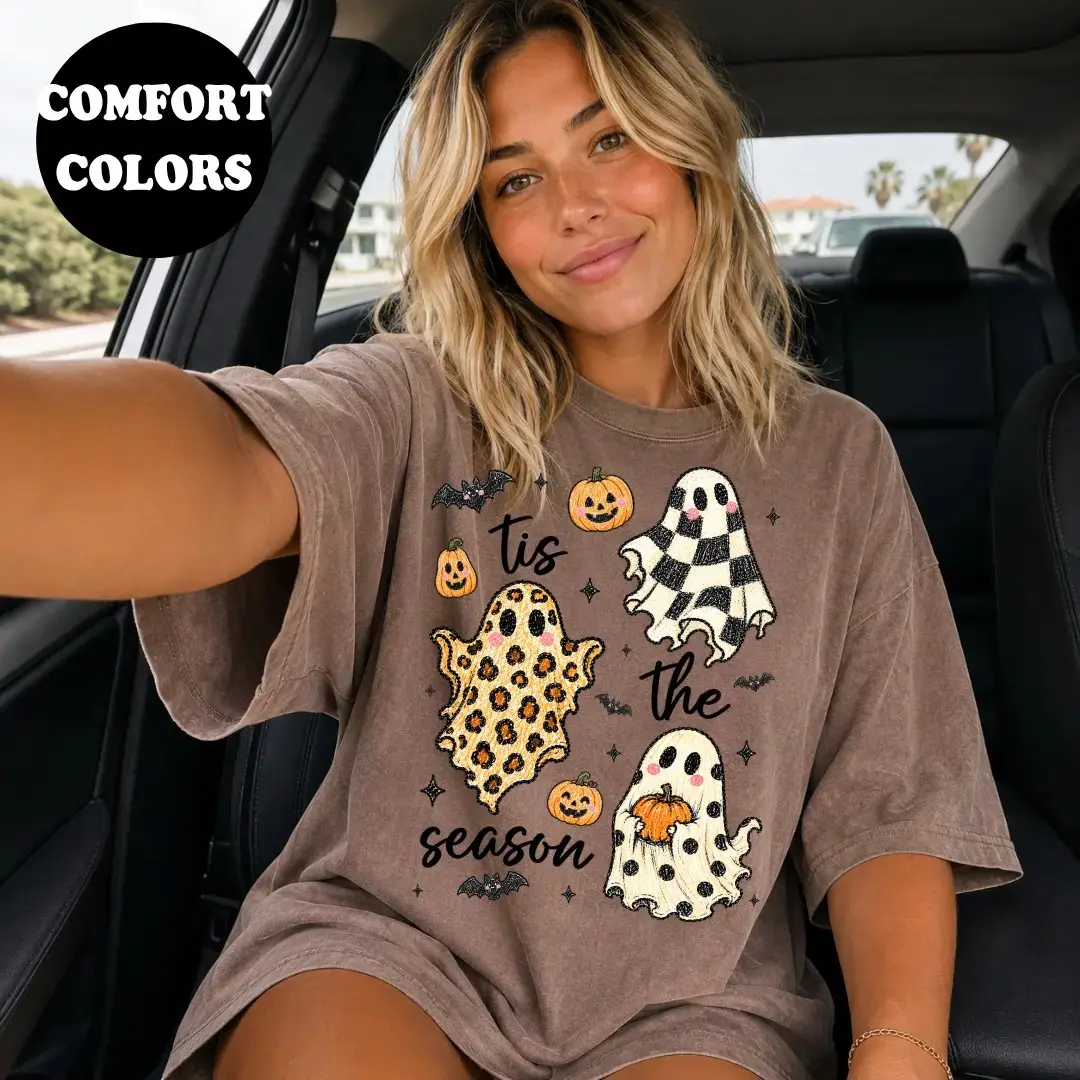 Comfort Colors Spooky Season Shirt, Checkered Leopard Ghost Oversized Trendy Halloween Fall Tee for Women - photo 2