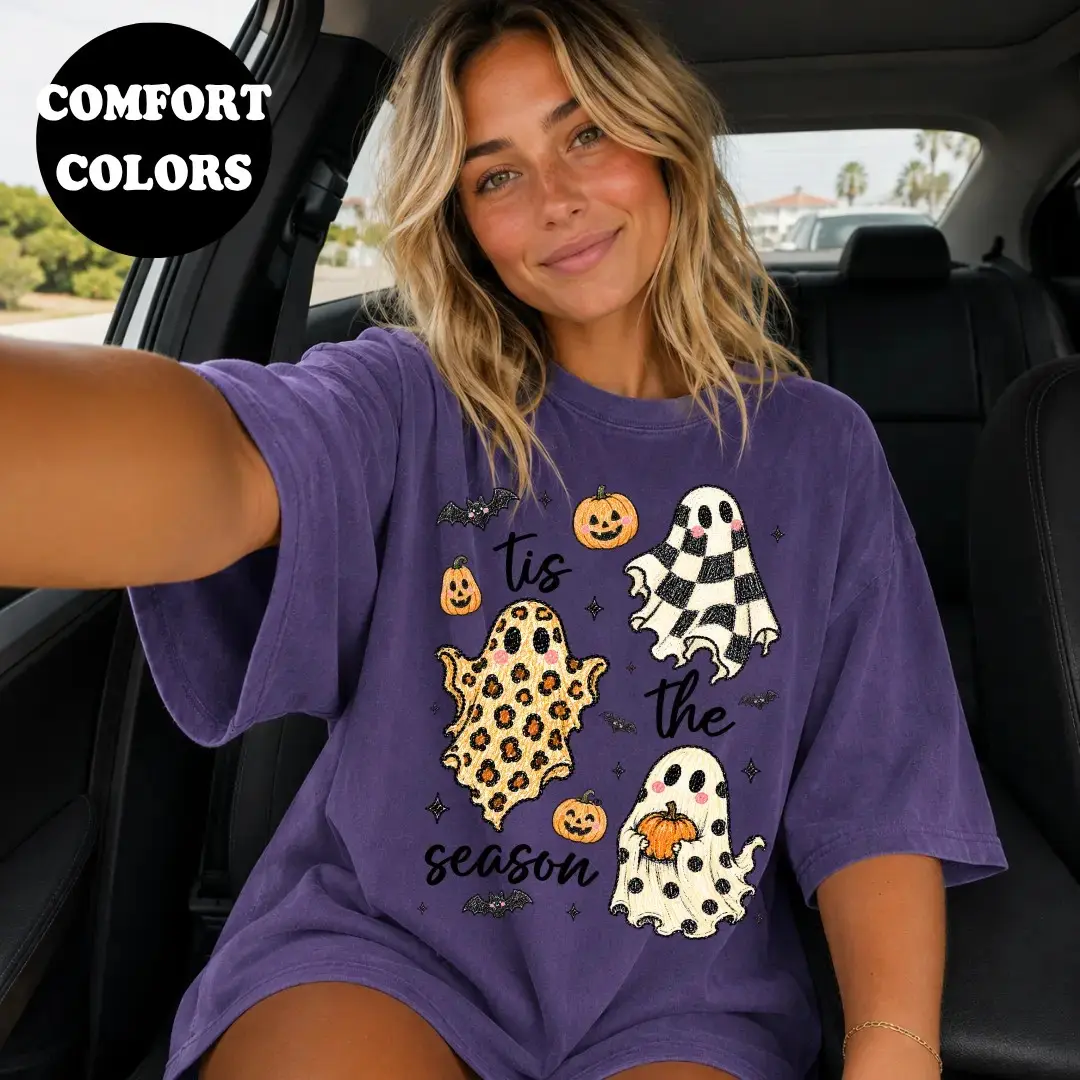 Comfort Colors Spooky Season Shirt, Checkered Leopard Ghost Oversized Trendy Halloween Fall Tee for Women - photo 4