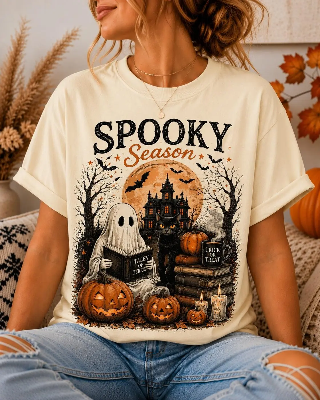 Spooky Season Sweatshirt, Cute Ghost Reading Book Graphic, Black Cat Pumpkin Vintage Halloween Fall Crewneck - photo 3