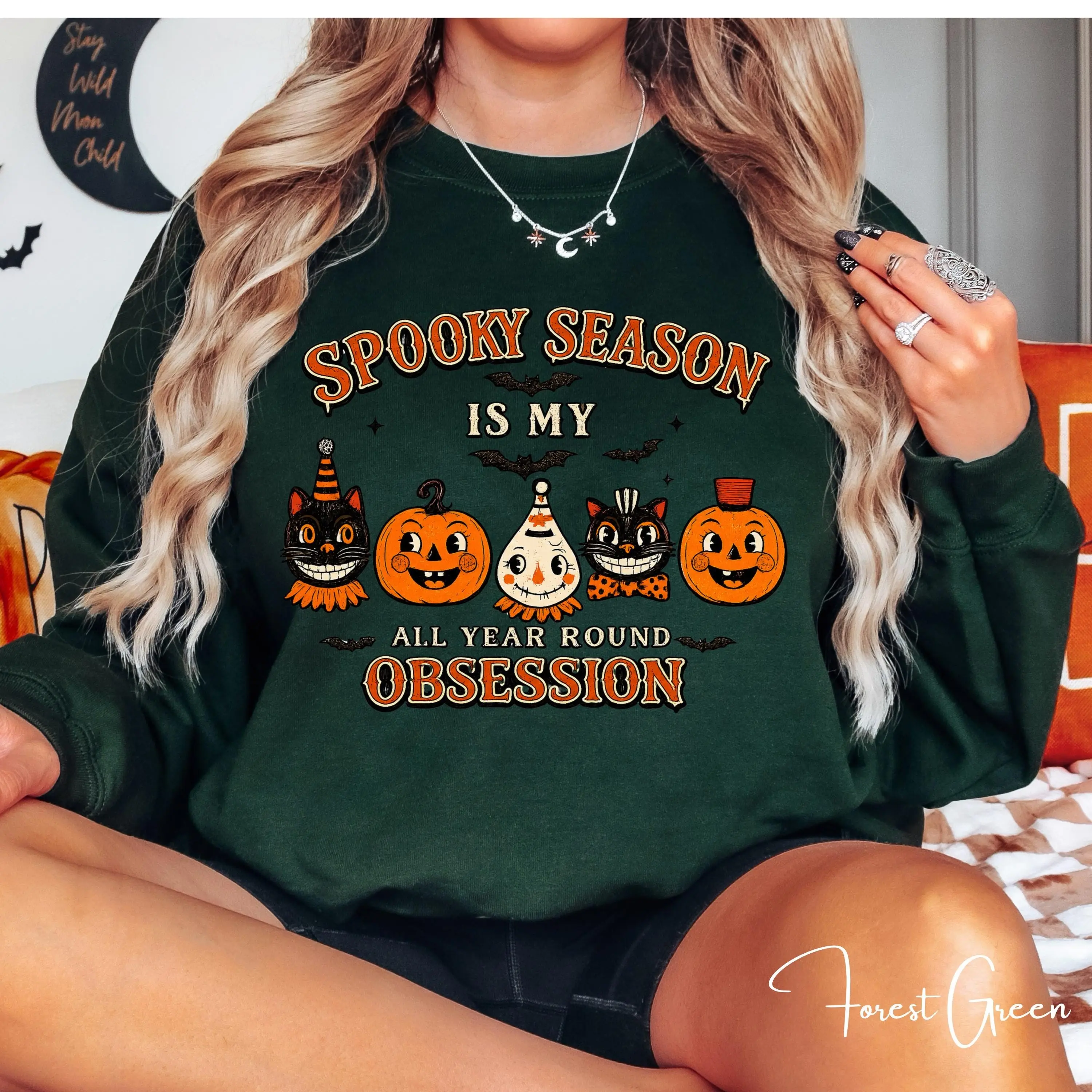 Spooky Season Sweatshirt, Vintage Halloween Pumpkin Ghost Cat Top, Creepy Circus Womens Fall Graphic Pullover - photo 3