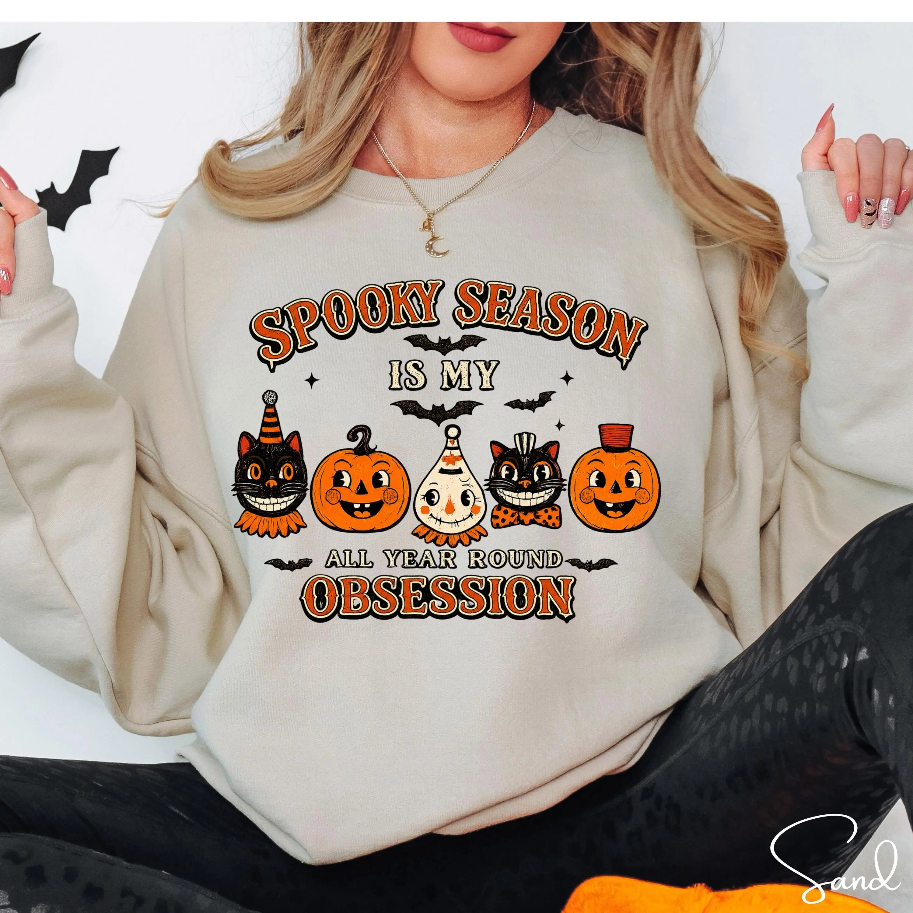 Spooky Season Sweatshirt, Vintage Halloween Pumpkin Ghost Cat Top, Creepy Circus Womens Fall Graphic Pullover - photo 5