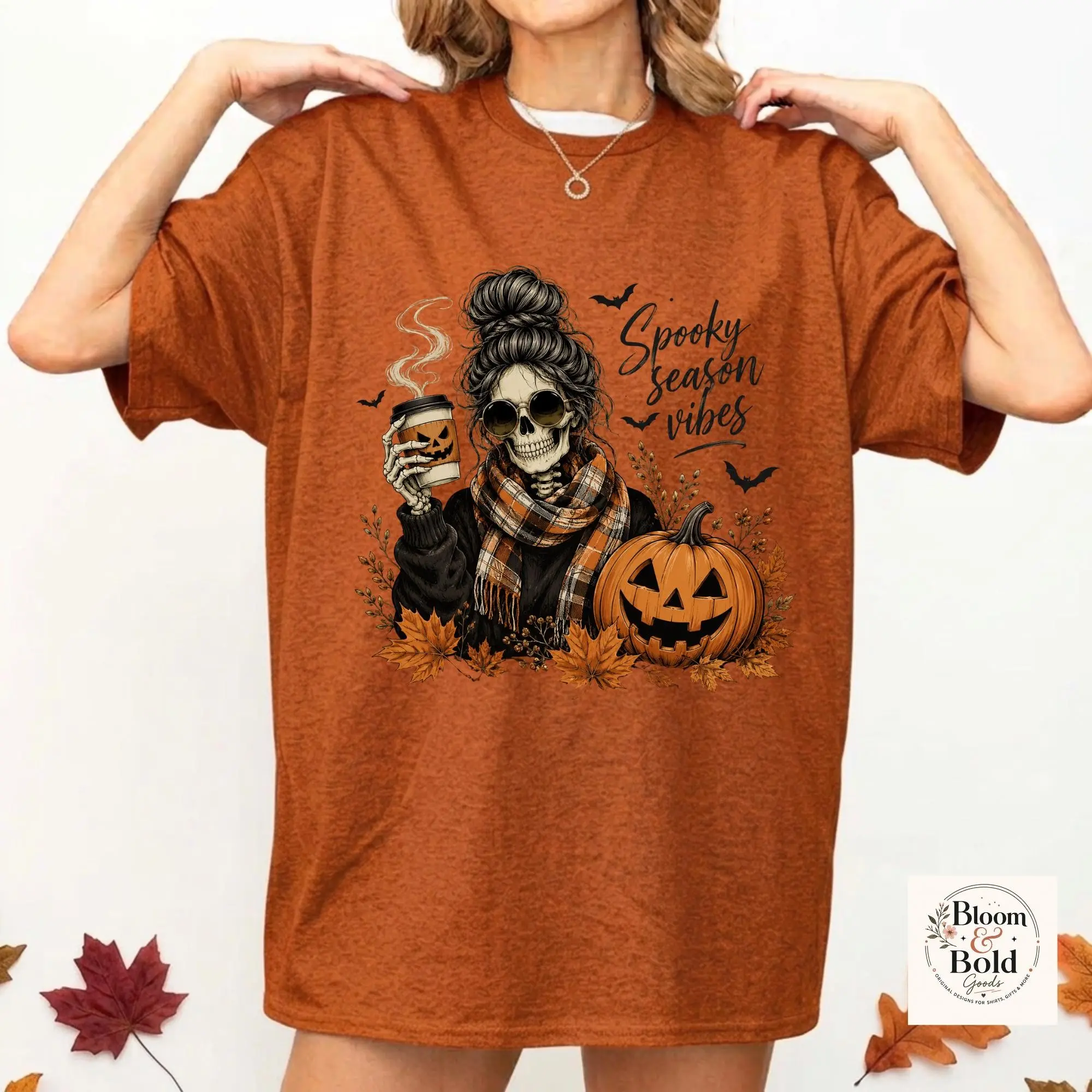 Spooky Season Vibes T-Shirt, Skeleton Coffee Lover Tee, Pumpkin Fall Autumn Outfit Top - photo 2