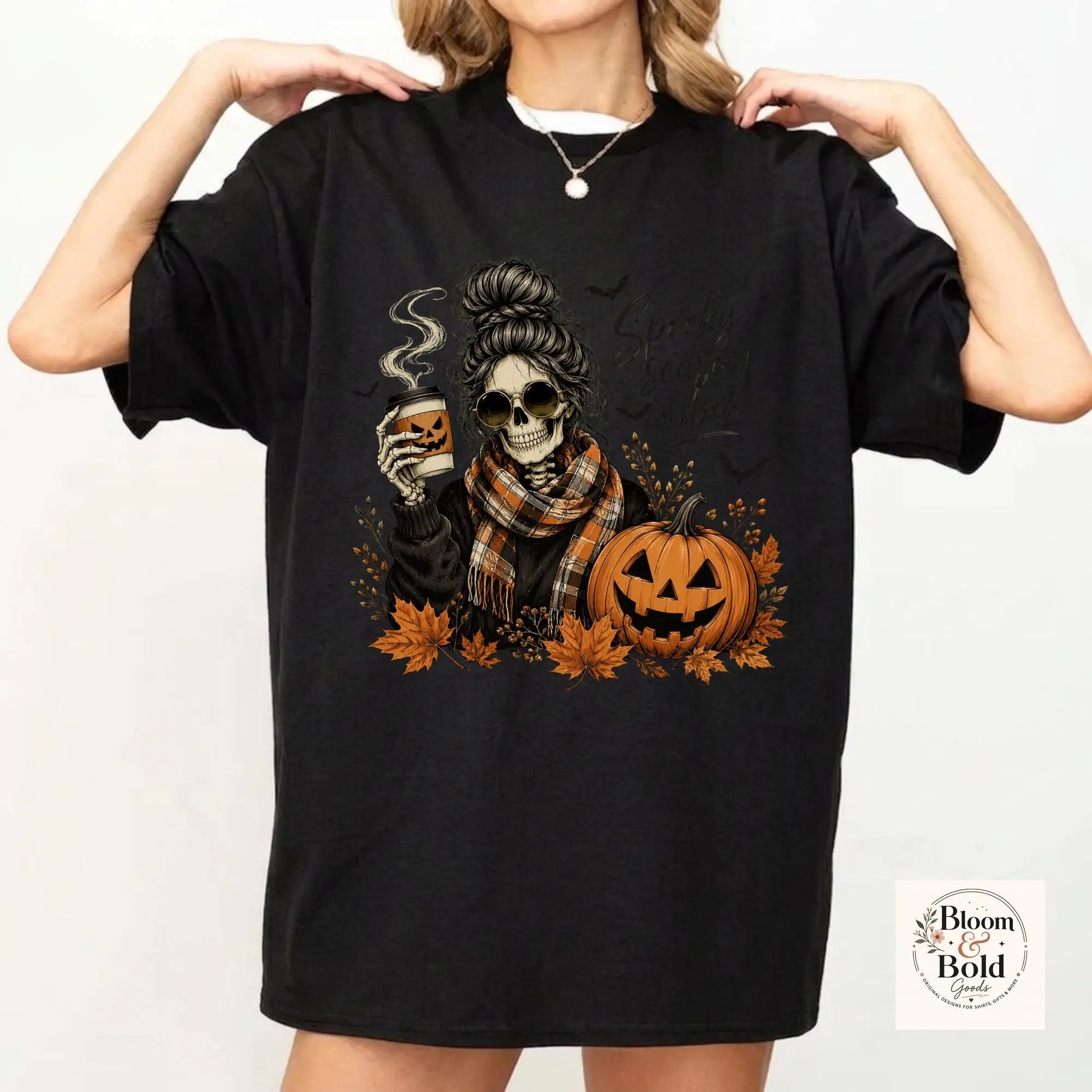 Spooky Season Vibes T-Shirt, Skeleton Coffee Lover Tee, Pumpkin Fall Autumn Outfit Top - photo 3