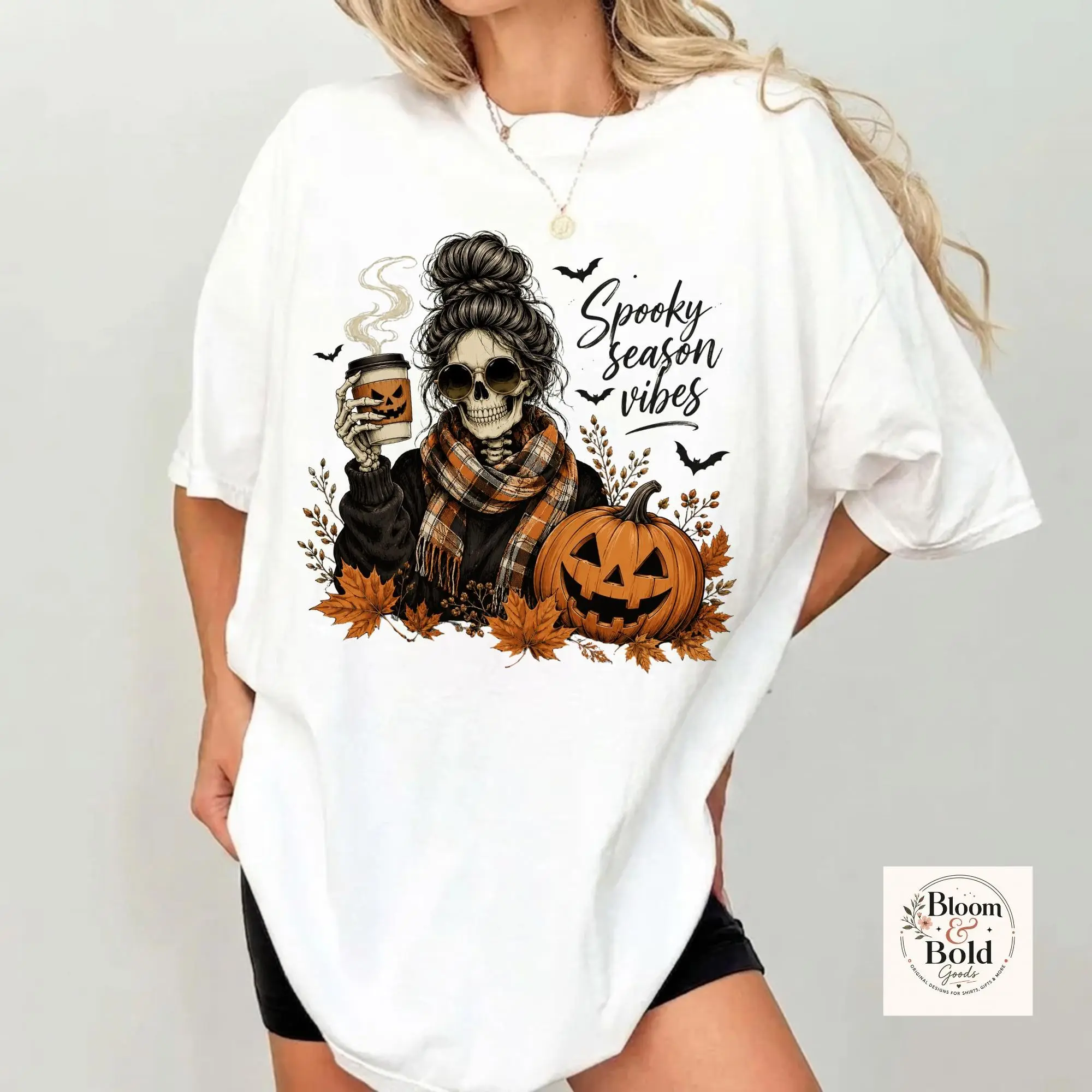Spooky Season Vibes T-Shirt, Skeleton Coffee Lover Tee, Pumpkin Fall Autumn Outfit Top - photo 4