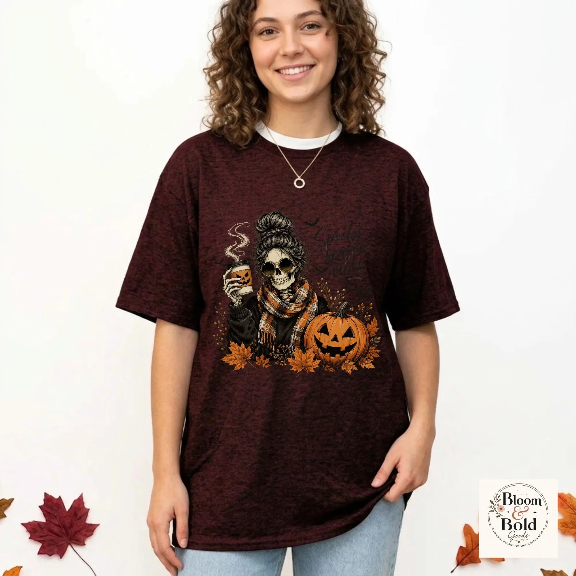 Spooky Season Vibes T-Shirt, Skeleton Coffee Lover Tee, Pumpkin Fall Autumn Outfit Top - photo 5
